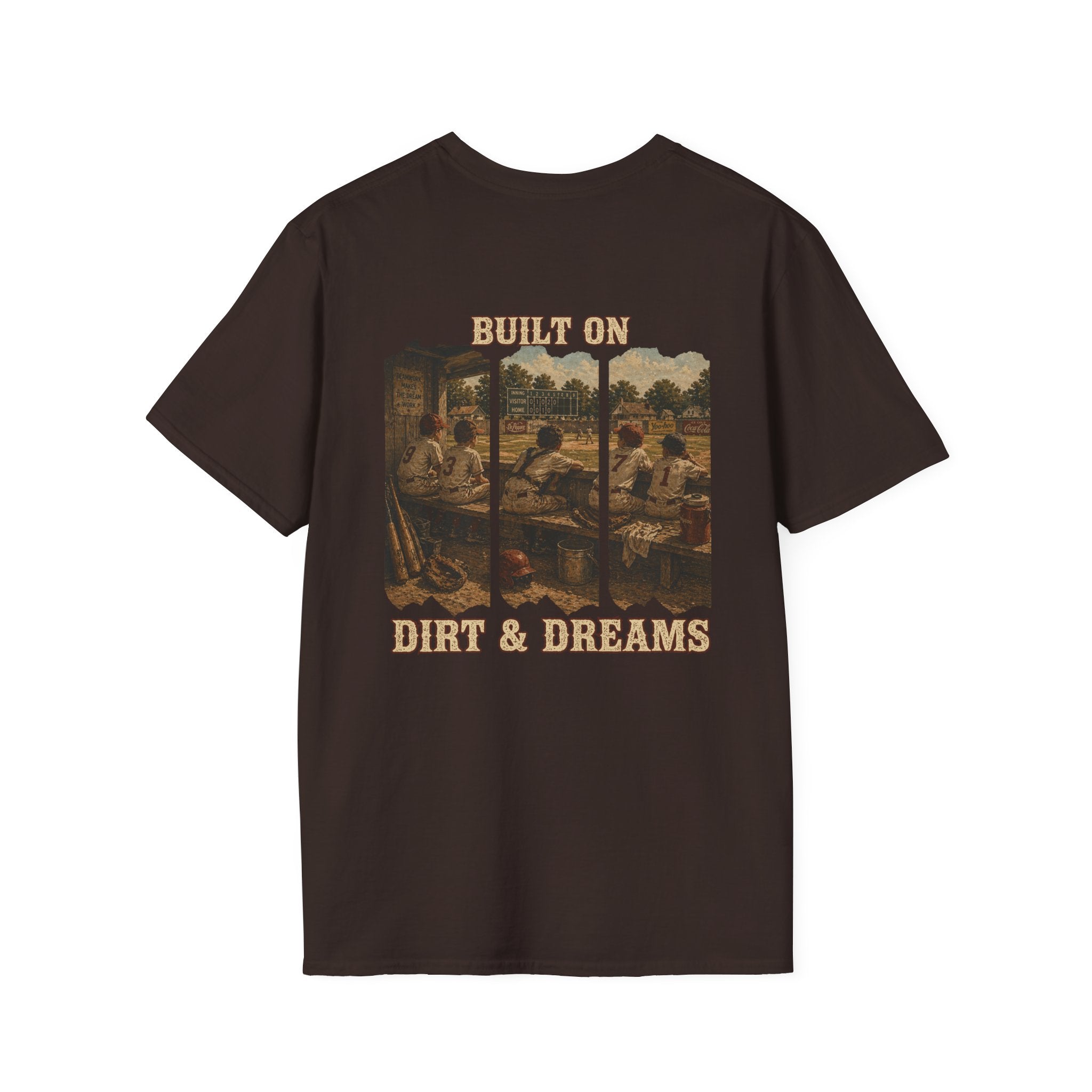 Vintage Baseball Shirt Built on Dirt and Dreams, Nostalgic Baseball Graphic Tee, Classic Fan Shirt, Dugout Scene Tee, Game Day Shirt