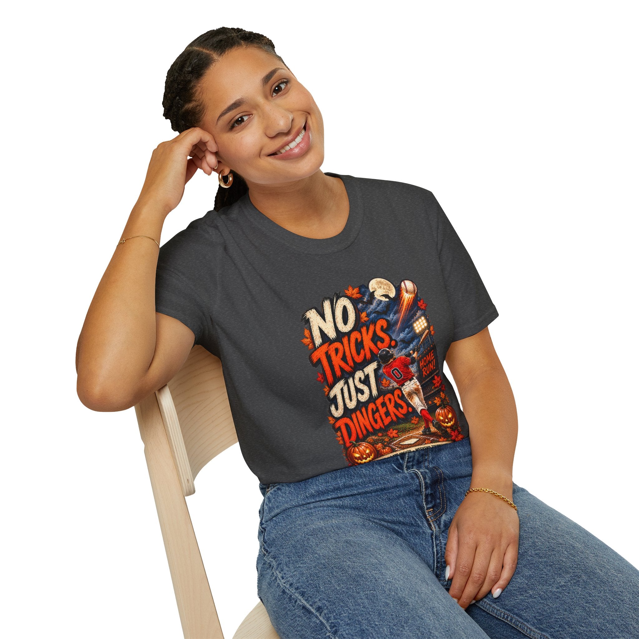 No Tricks Just Dingers T-Shirt | Halloween Baseball Pumpkin Moon Retro