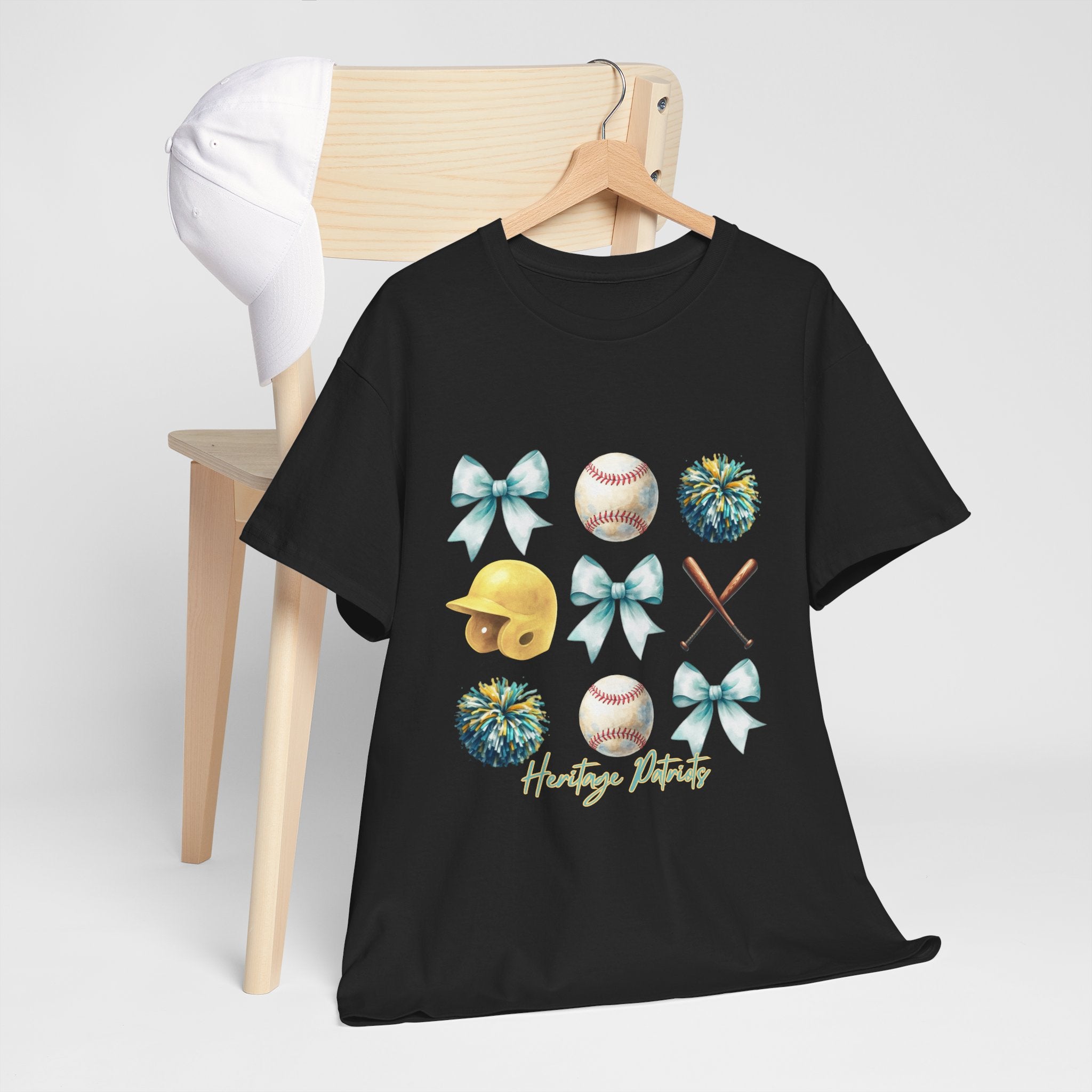 Heritage Baseball Grid with Bows Tee | Helmet, Bat, Ball, Pom Poms
