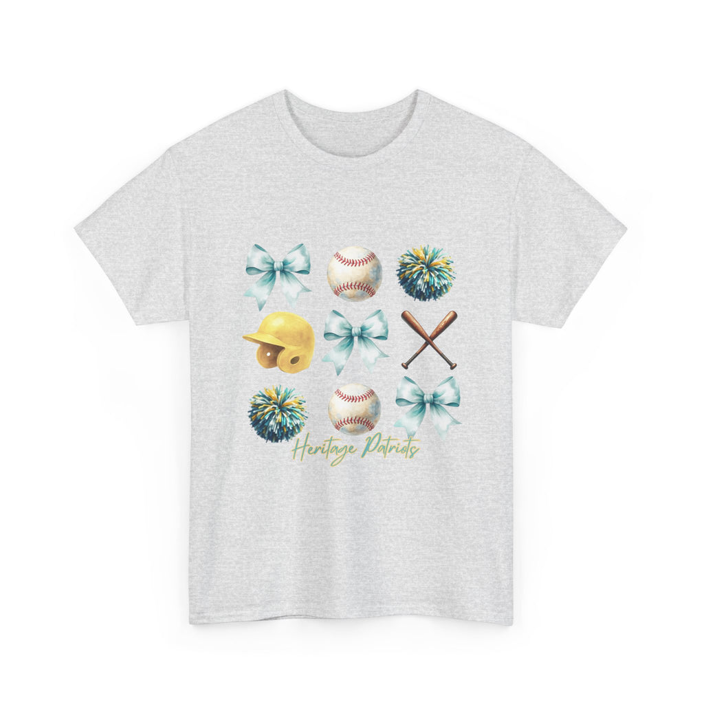 Heritage Baseball Grid with Bows Tee | Helmet, Bat, Ball, Pom Poms