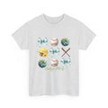 Heritage Baseball Grid with Bows Tee | Helmet, Bat, Ball, Pom Poms