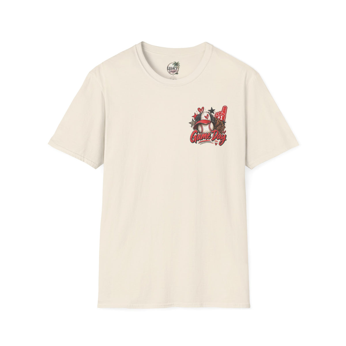 Baseball Mom Typography Game Day T-Shirt | Back List of Mom Duties, Front Baseball Graphic
