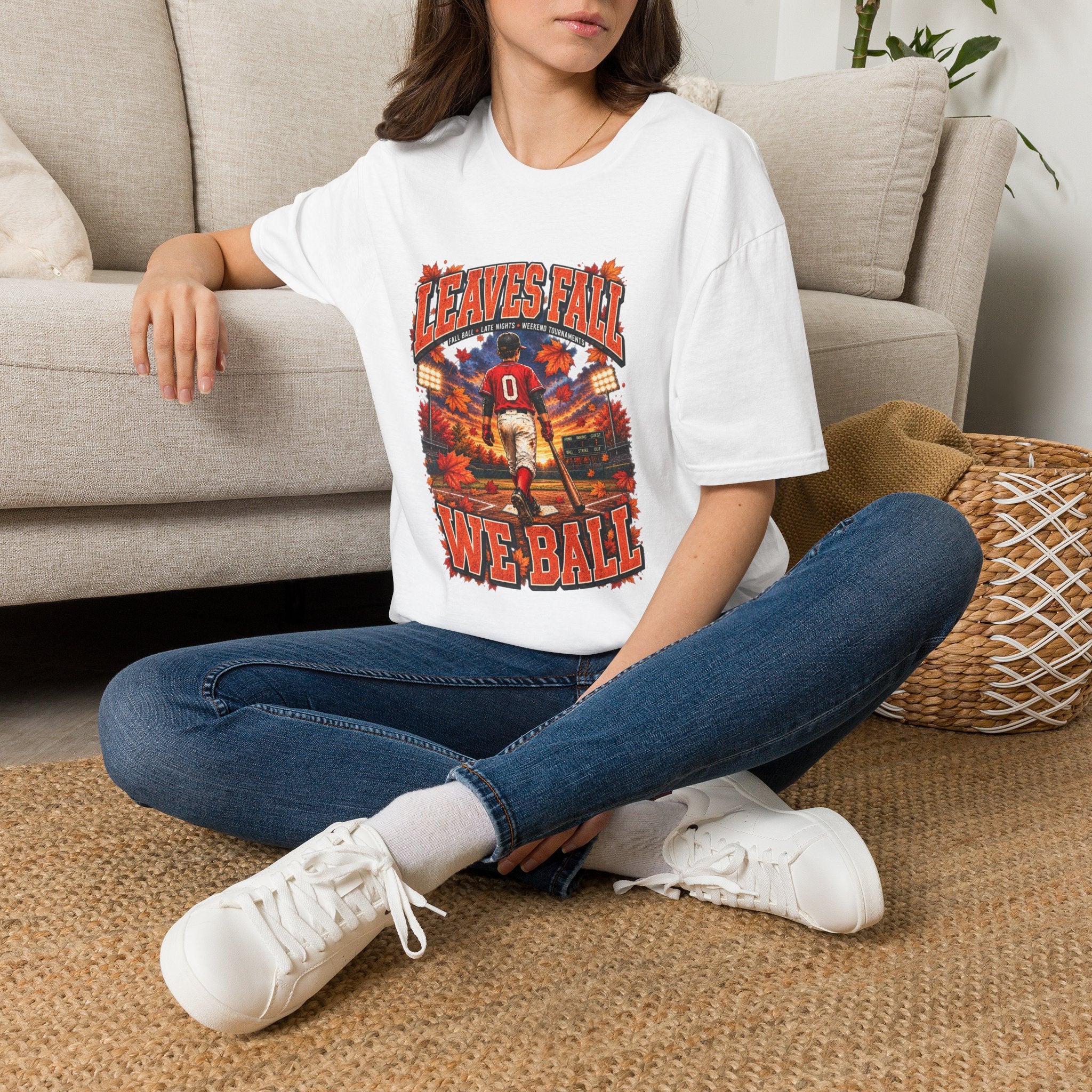 Leaves Fall Baseball Player T-Shirt | Autumn Sports Graphic