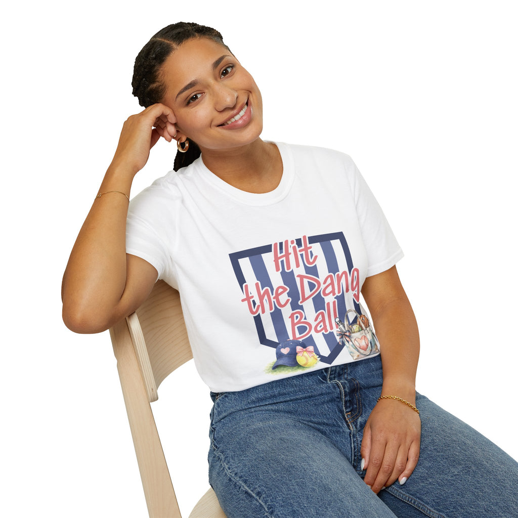 Preppy Hit the Dang Ball T-Shirt | Girly Baseball Graphic, Glove and Helmet Illustration