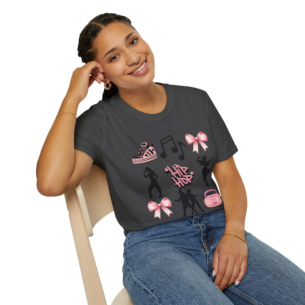Hip Hop Dance Icons T‑Shirt — Pink Bows, Boombox & Sneaker Graphic