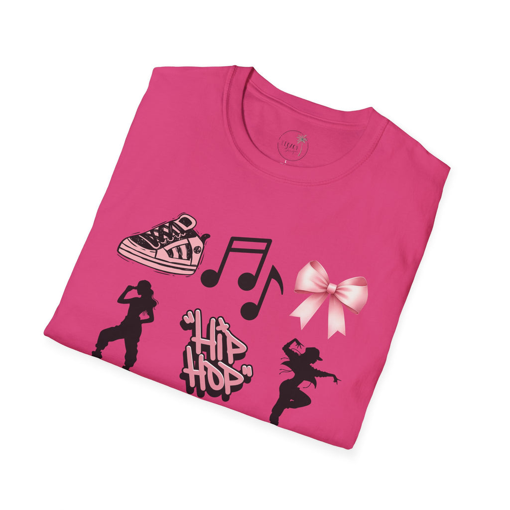 Hip Hop Dance Icons T‑Shirt — Pink Bows, Boombox & Sneaker Graphic