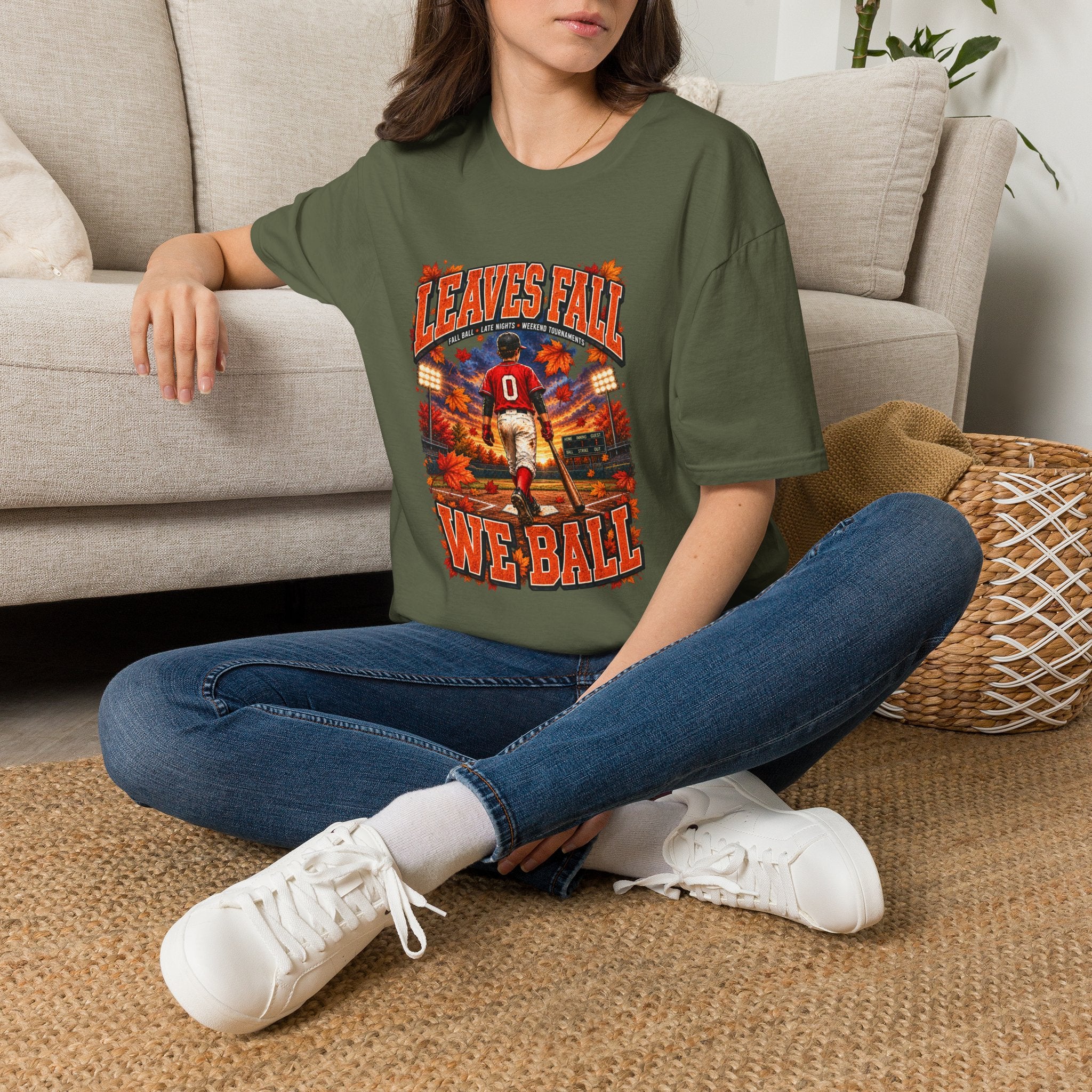Leaves Fall Baseball Player T-Shirt | Autumn Sports Graphic