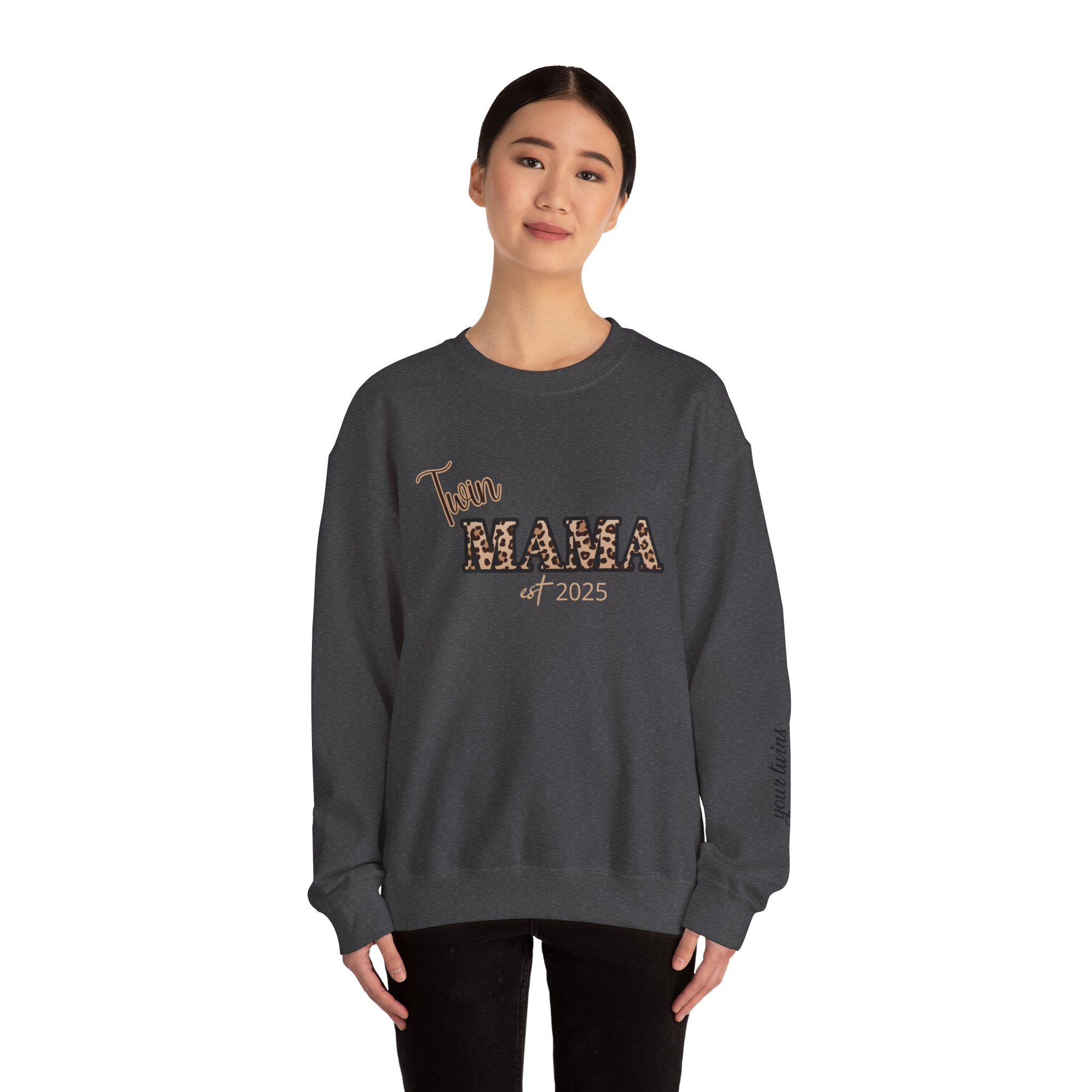 Twin Mama crewneck sweatshirt Customizable| Leopard print MAMA, est. 2025, name sleeve