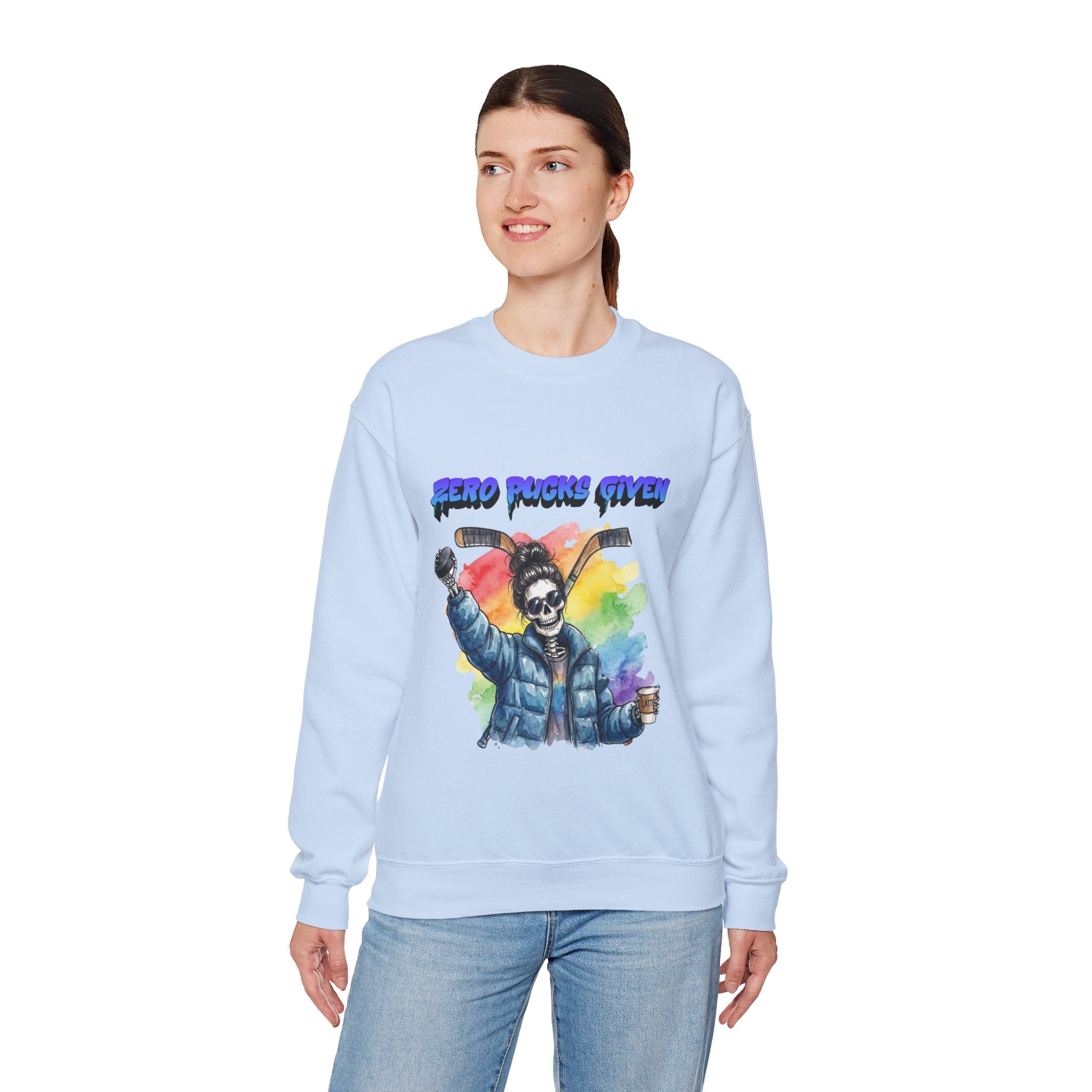 Zero Pucks Given Skeleton Hockey Player Crewneck sweatshirt | Rainbow Graphic