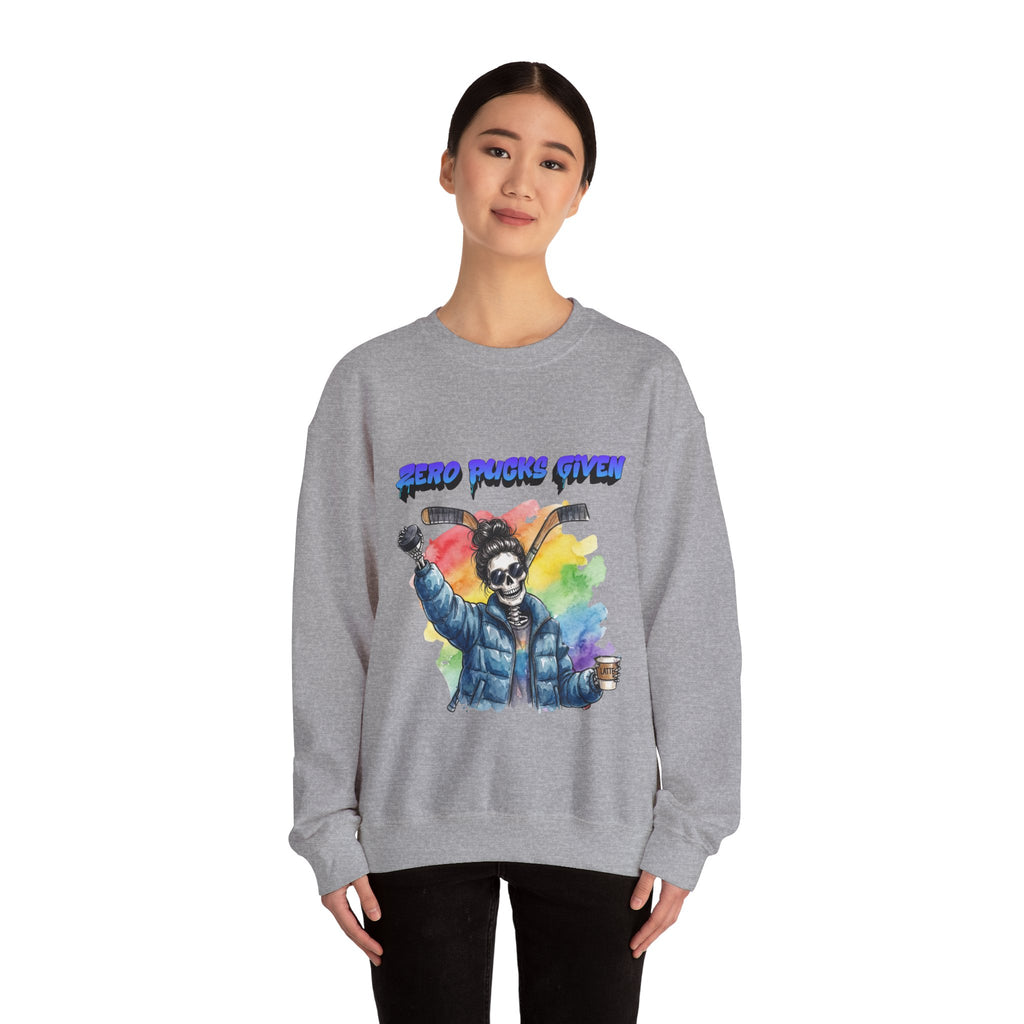 Zero Pucks Given Skeleton Hockey Player Crewneck sweatshirt | Rainbow Graphic