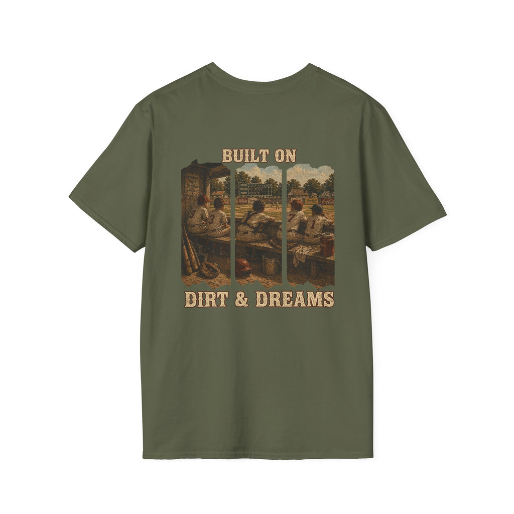 Vintage Baseball Shirt Built on Dirt and Dreams, Nostalgic Baseball Graphic Tee, Classic Fan Shirt, Dugout Scene Tee, Game Day Shirt