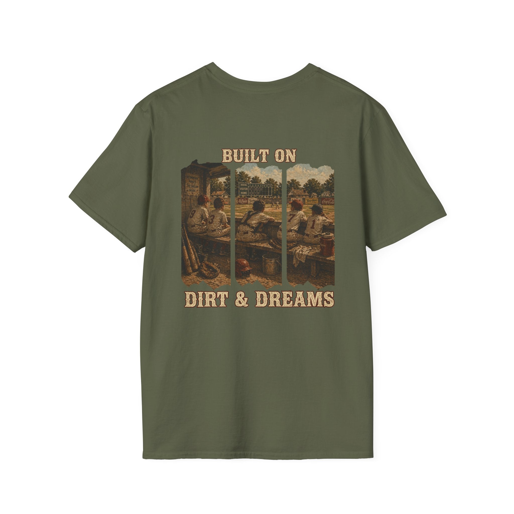 Vintage Baseball Shirt Built on Dirt and Dreams, Nostalgic Baseball Graphic Tee, Classic Fan Shirt, Dugout Scene Tee, Game Day Shirt