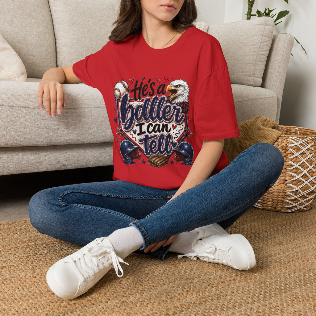 EAGLES-"He's a Ball-er I Can Tell" Patriotic Eagle Design Baseball Mom T‑Shirt —