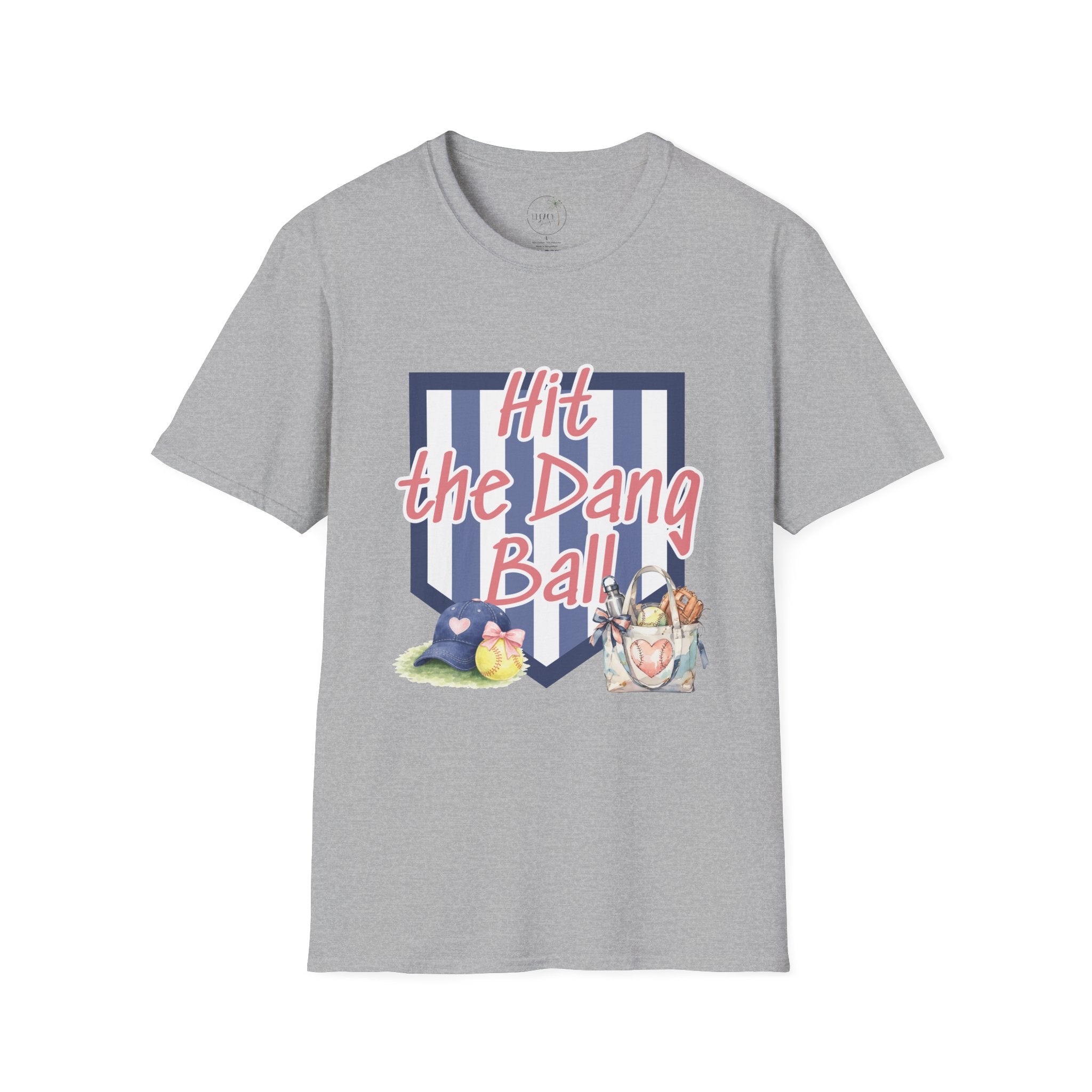 Preppy Hit the Dang Ball T-Shirt | Girly Baseball Graphic, Glove and Helmet Illustration
