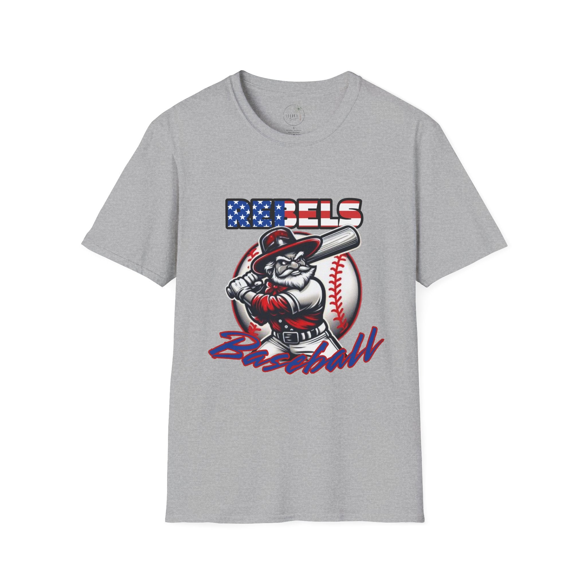 Rebels Baseball T-Shirt | Mascot Batter with American Flag Text