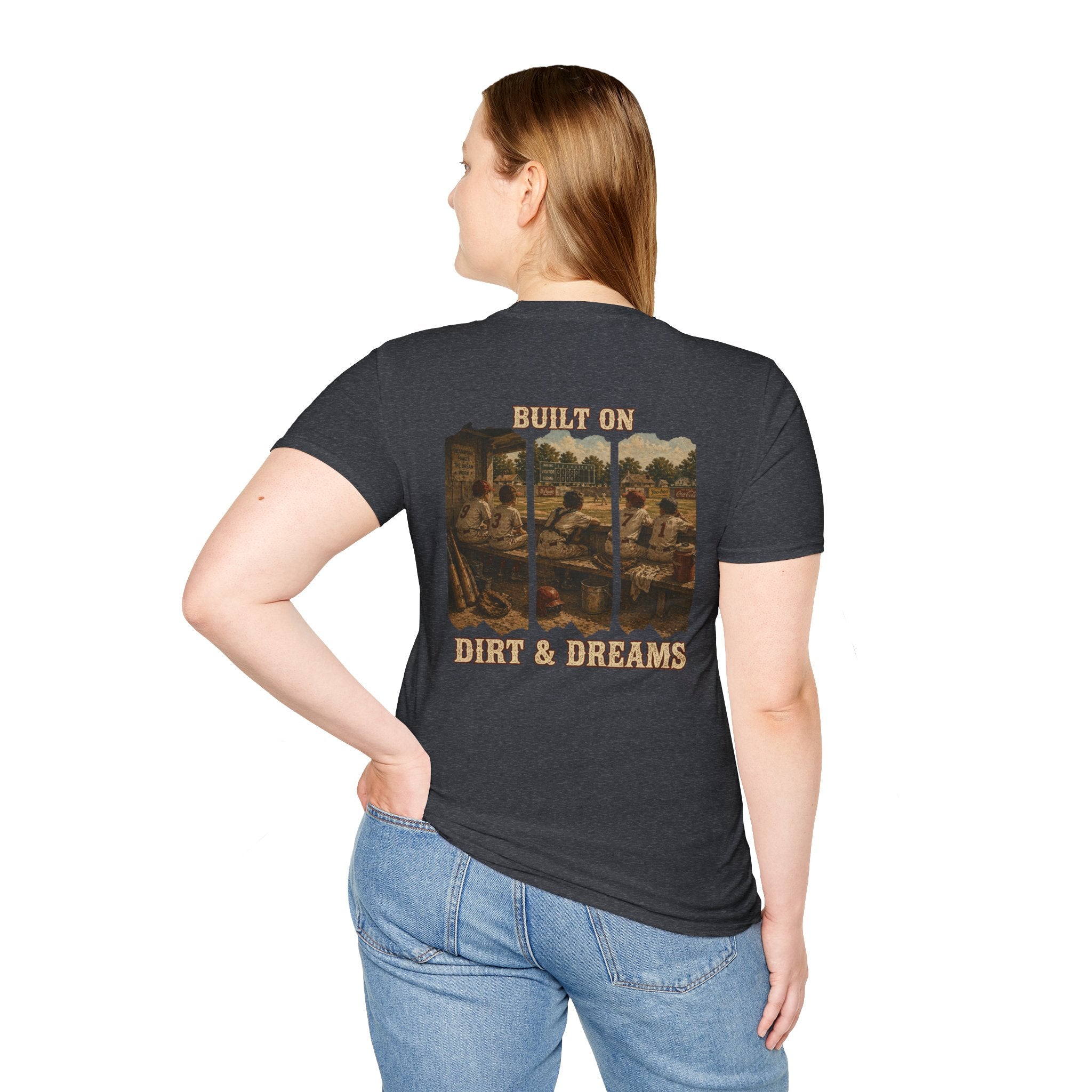 Vintage Baseball Shirt Built on Dirt and Dreams, Nostalgic Baseball Graphic Tee, Classic Fan Shirt, Dugout Scene Tee, Game Day Shirt