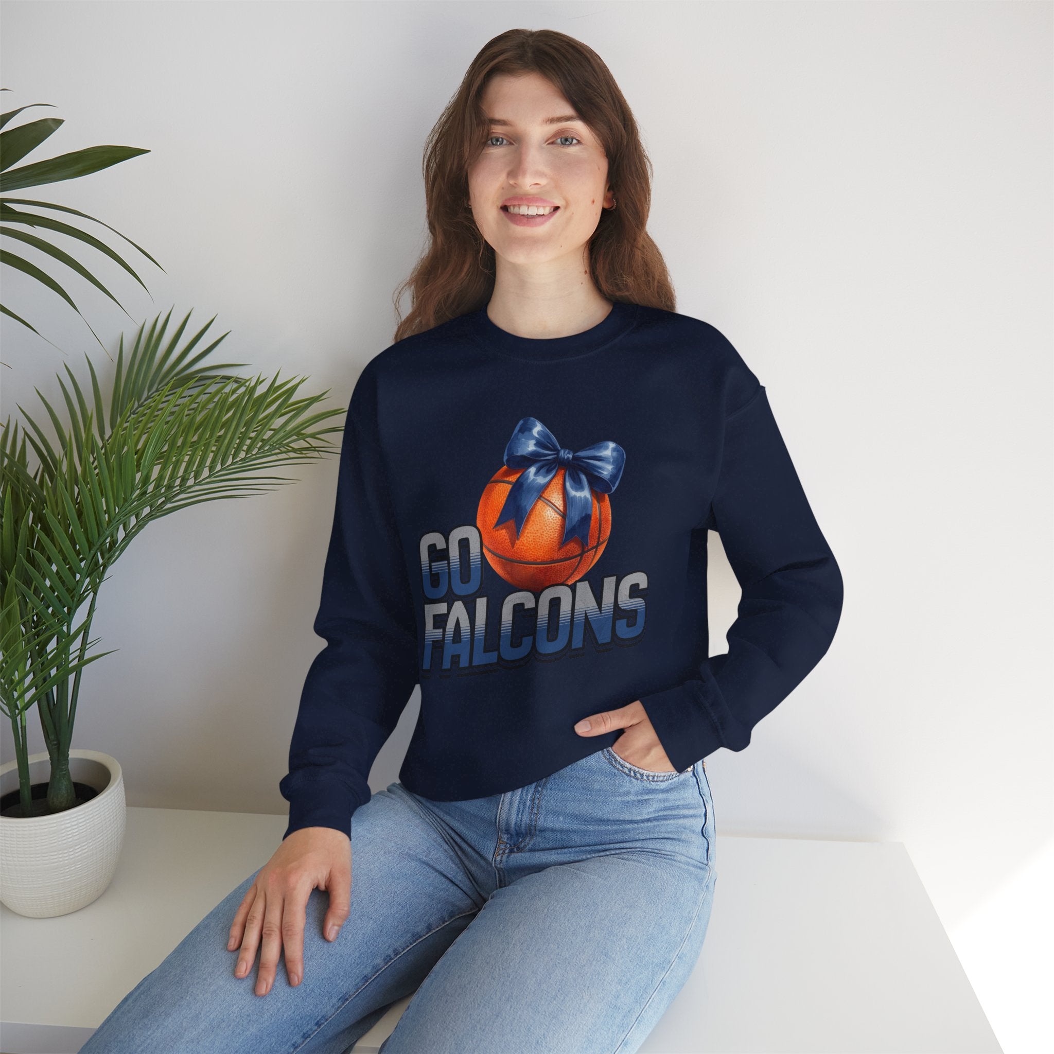 Go Falcons Basketball with Blue Bow Sweatshirt | Team Spirit Crewneck