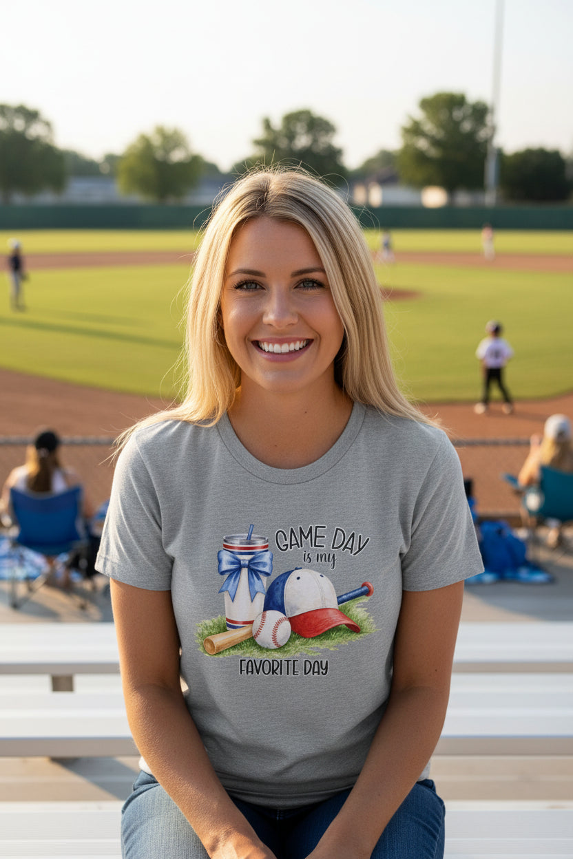Game Day Is My Favorite Day Tee | Baseball Cap, Bat, Glove Illustration