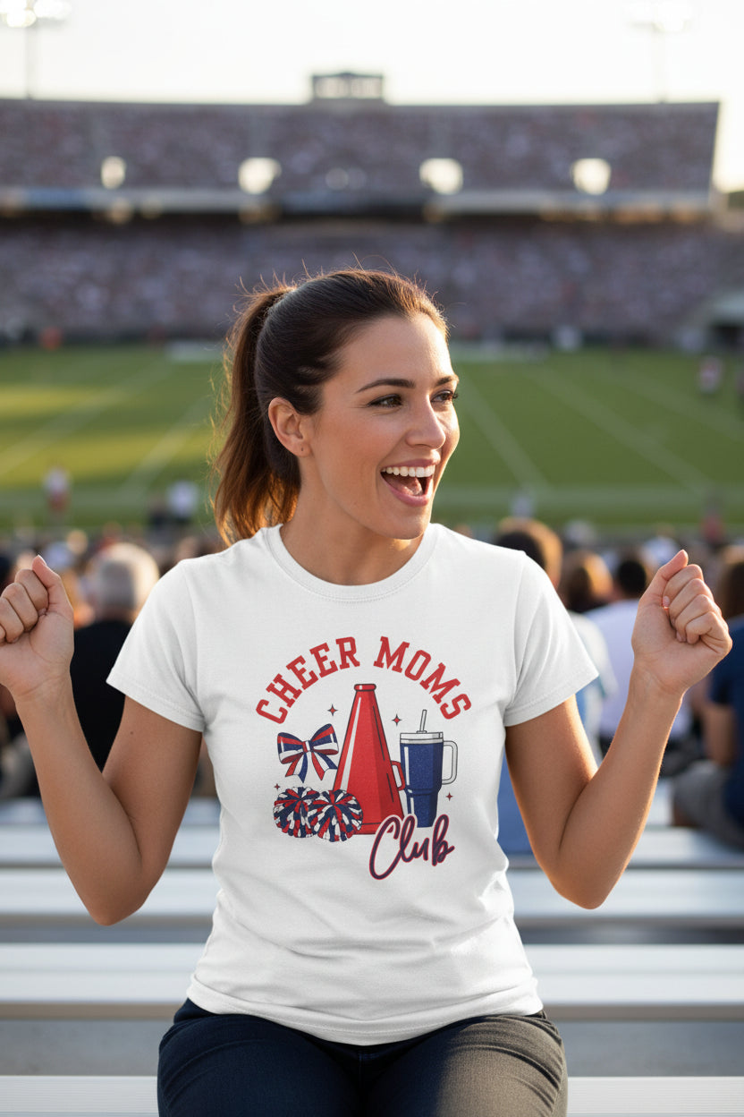 Cheer Moms Club Tee | Cheerleading Pom Poms, Megaphone, Bow Shirt