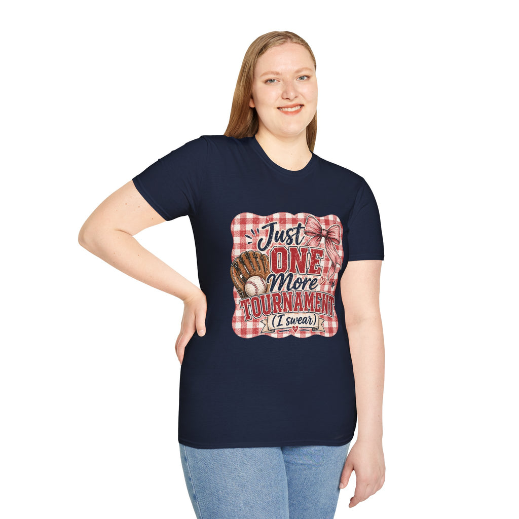 Preppy Travel Baseball Mom Shirt, Just One More Tournament Tee, Cute Girly Sports Mom Graphic, Game Day Outfit Shirt, Bow Baseball Tee