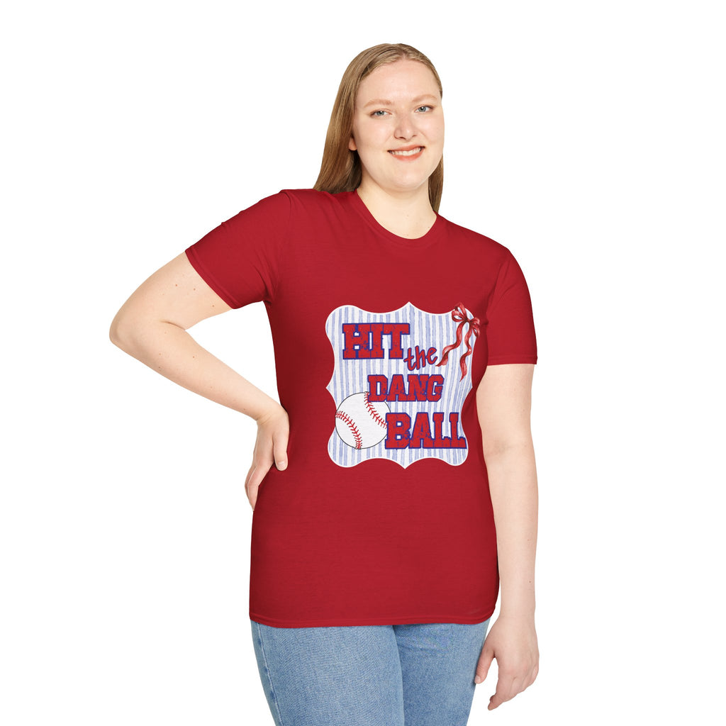 Preppy Hit the Dang Ball T-Shirt | Girly Baseball Graphic, Red White Blue Stripes
