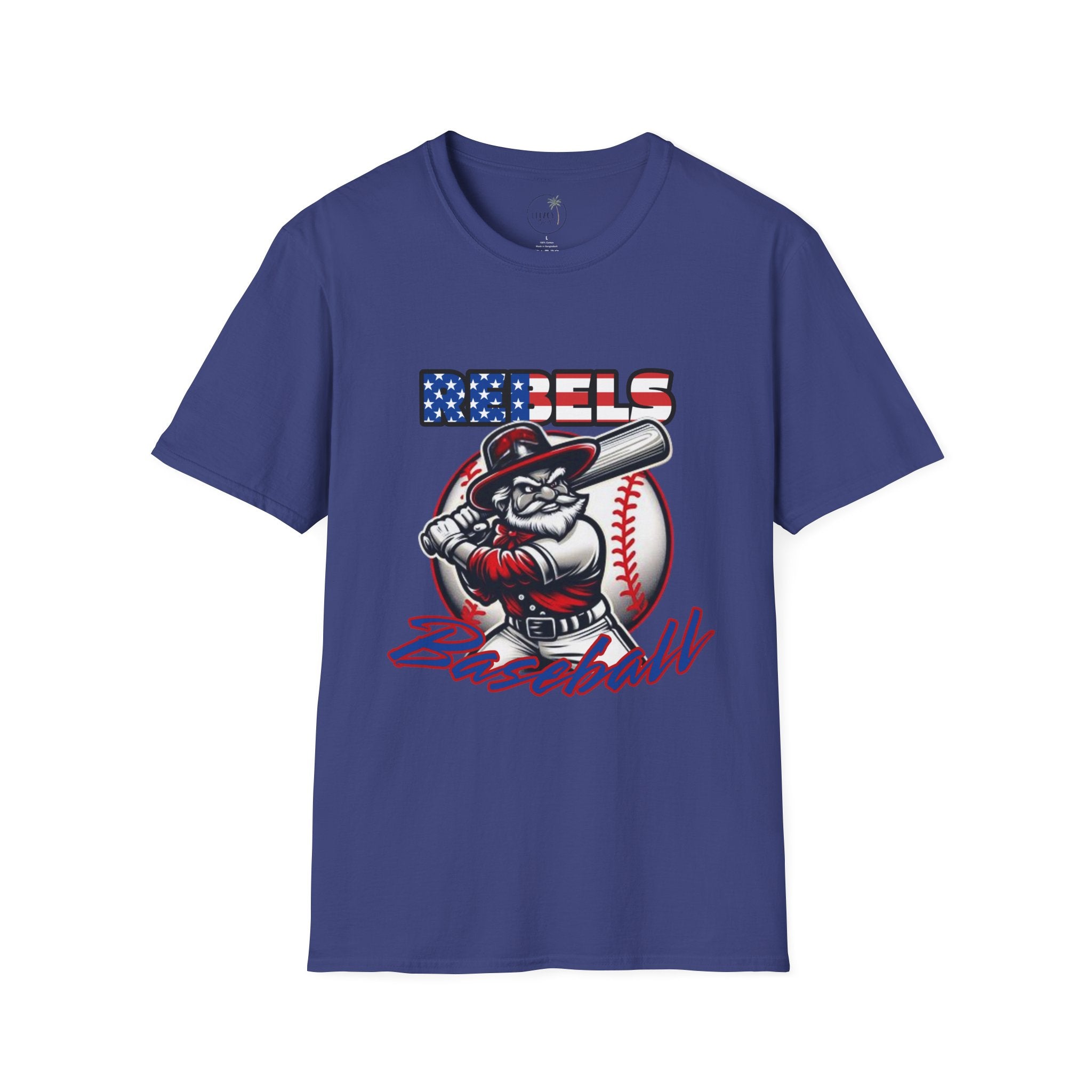 Rebels Baseball T-Shirt | Mascot Batter with American Flag Text