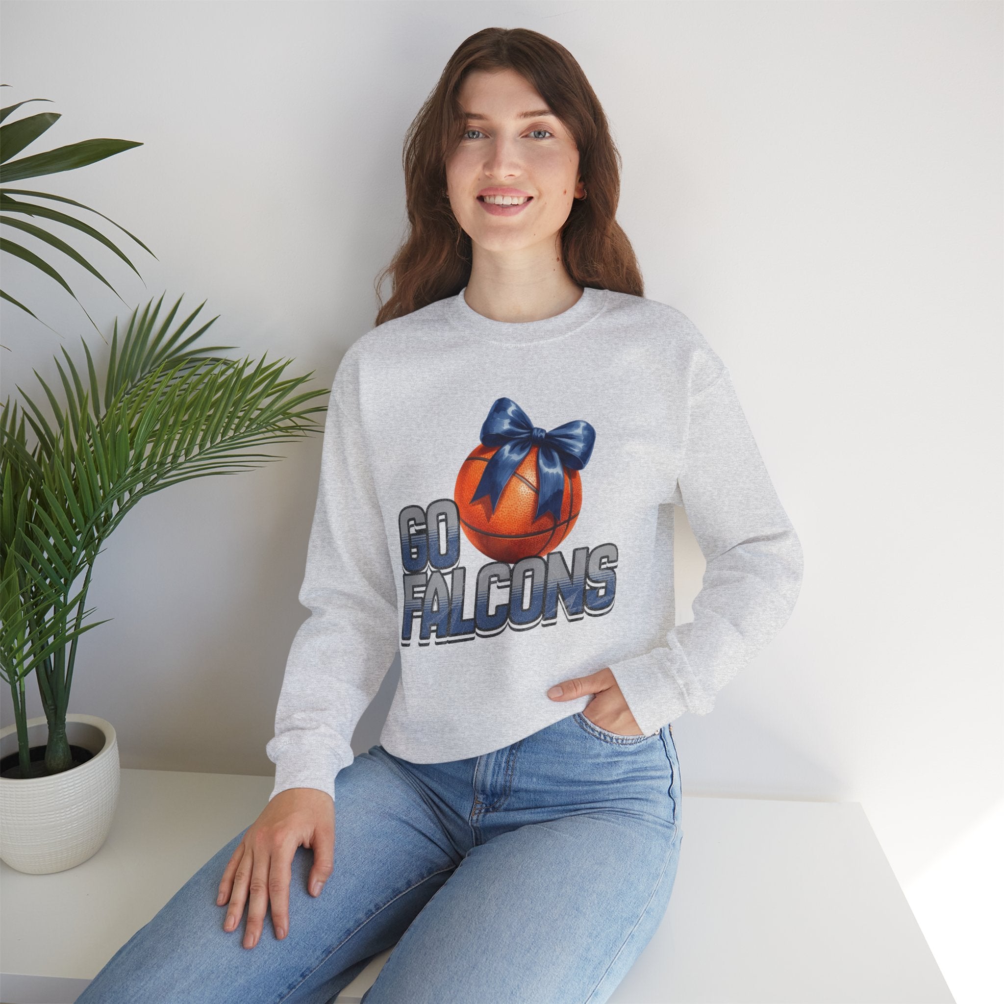 Go Falcons Basketball with Blue Bow Sweatshirt | Team Spirit Crewneck