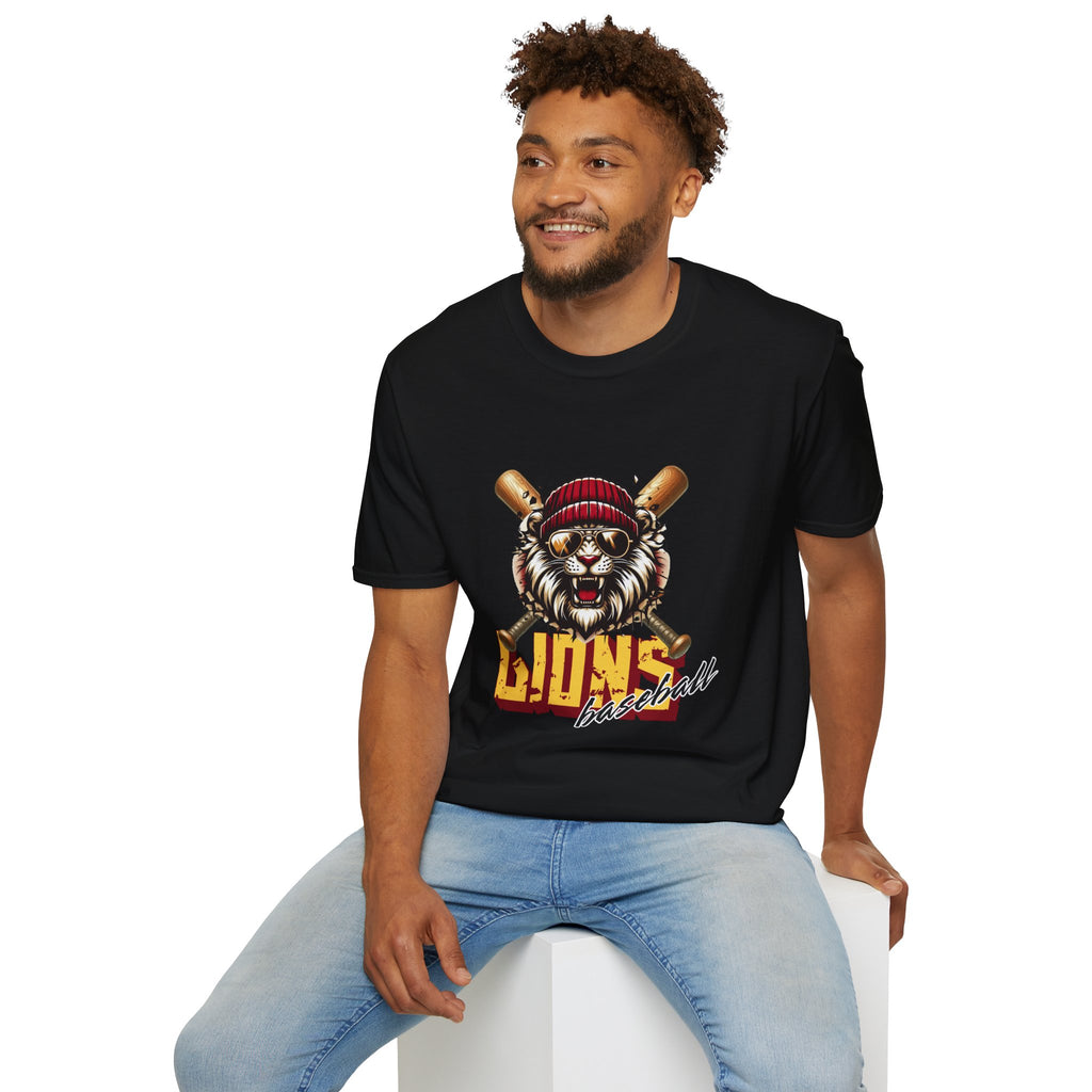 Lions Baseball Tee — Fierce Lion Mascot with Bats