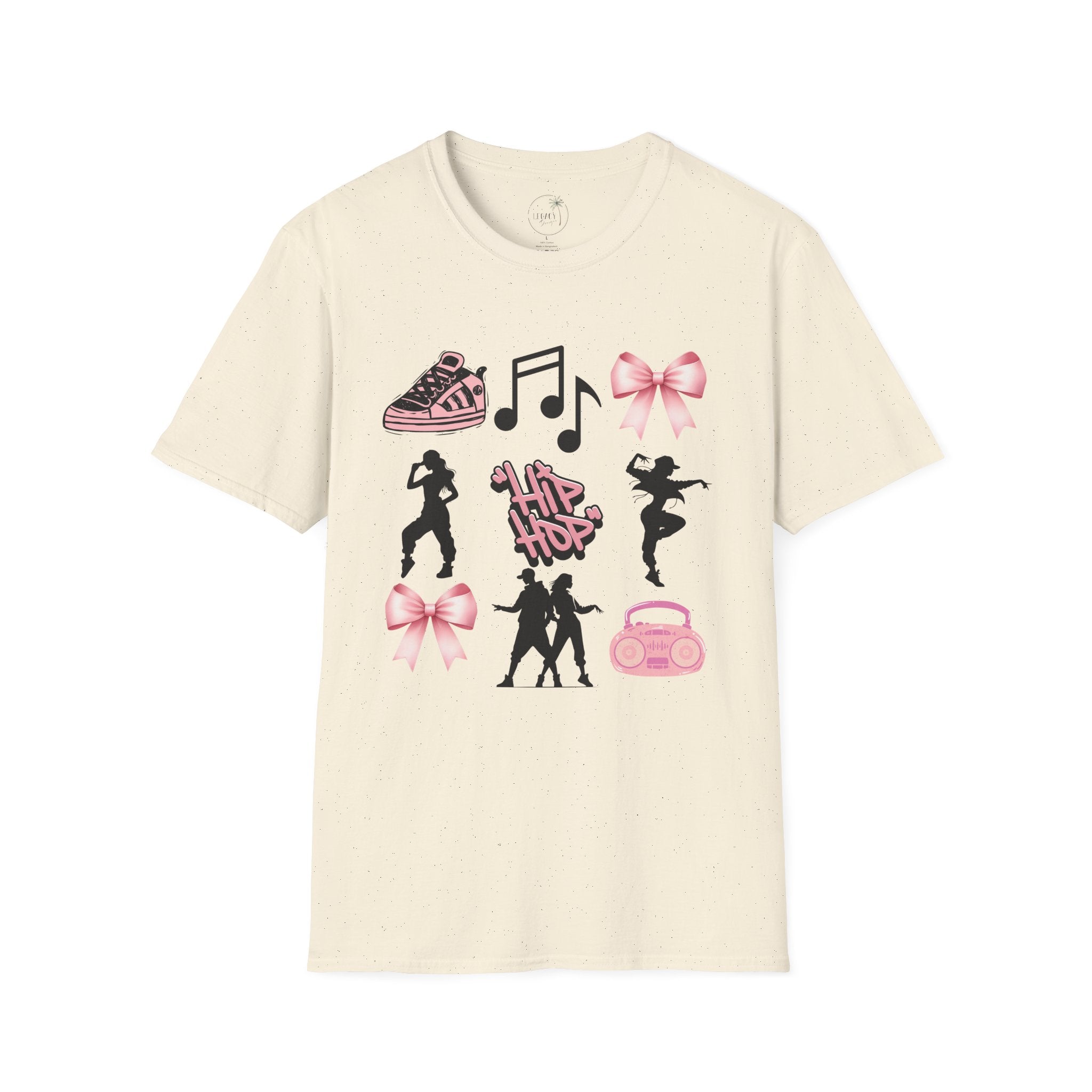 Hip Hop Dance Icons T‑Shirt — Pink Bows, Boombox & Sneaker Graphic