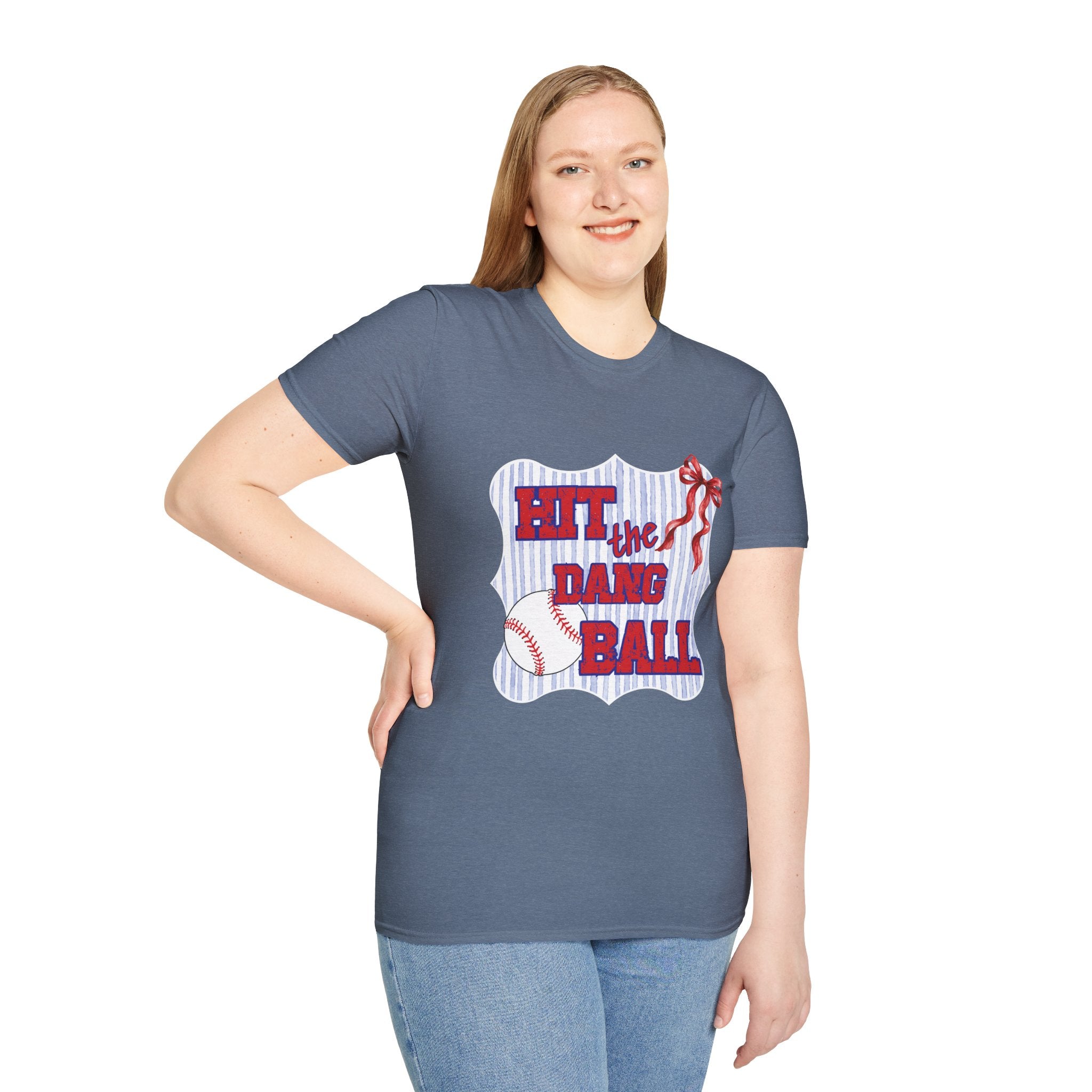 Preppy Hit the Dang Ball T-Shirt | Girly Baseball Graphic, Red White Blue Stripes