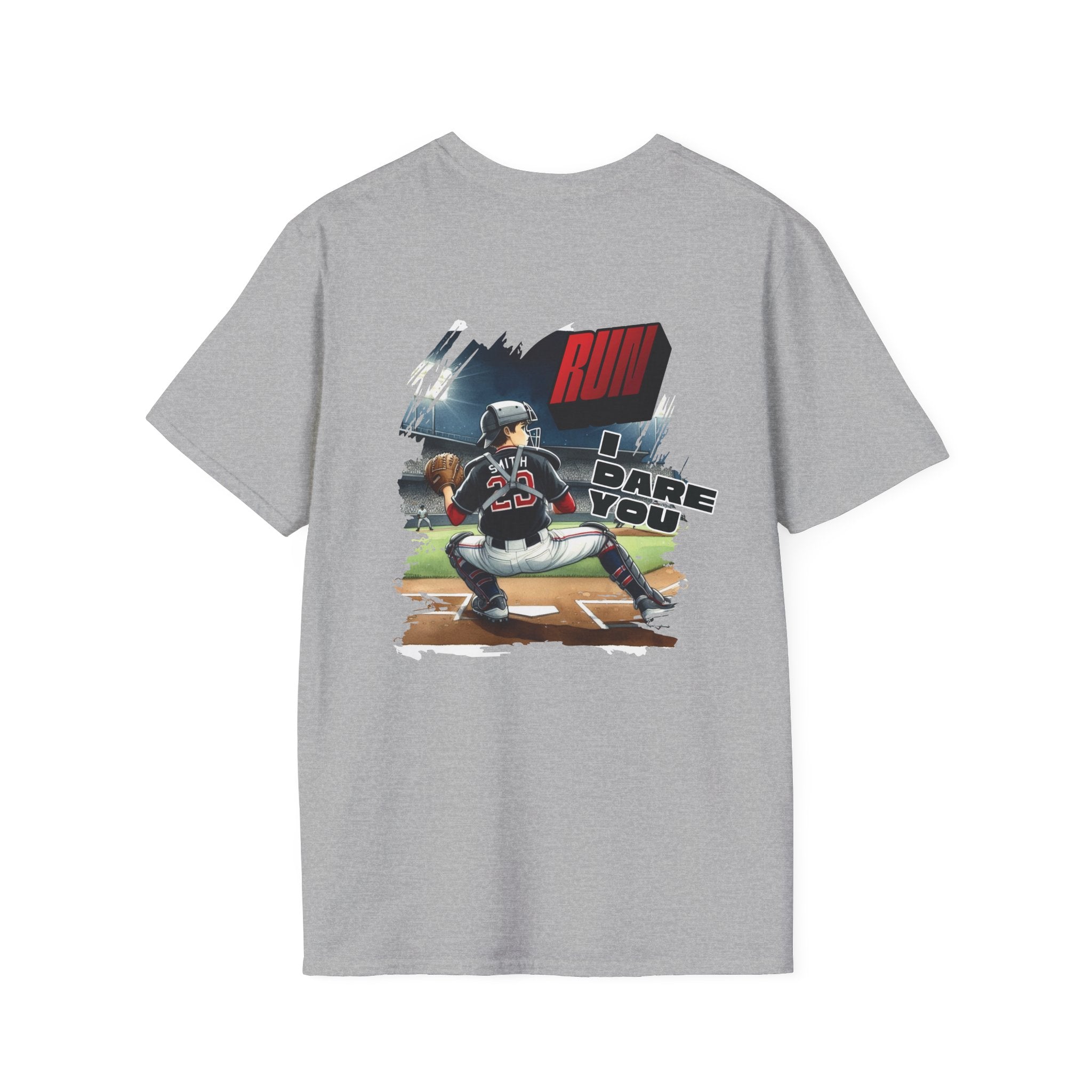 Run I Dare You' Back Graphic Baseball Runner T-Shirt Youth Player Illustration