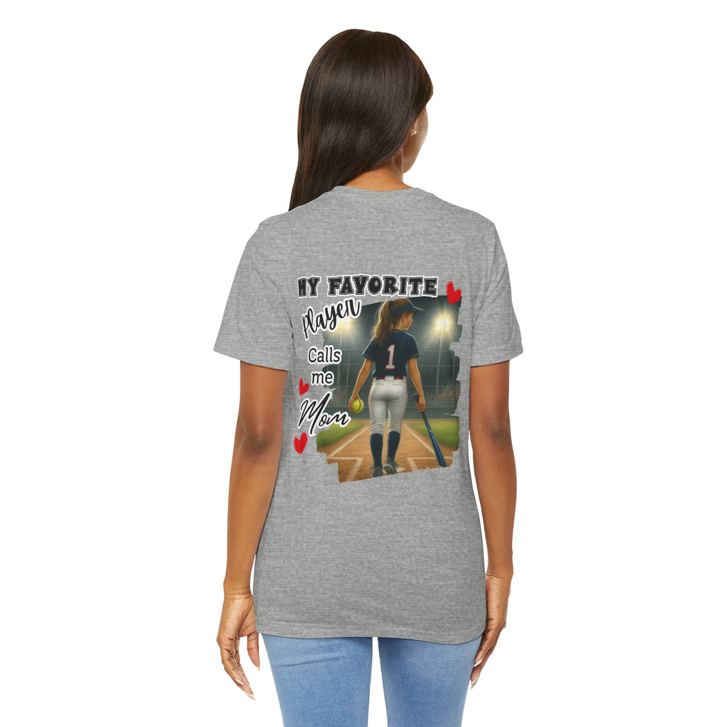 My Favorite Player Calls Me Mom Softball T-Shirt | Proud Softball Mom Tee | Game Day Shirt | Sports Mom Gift with Pocket Design