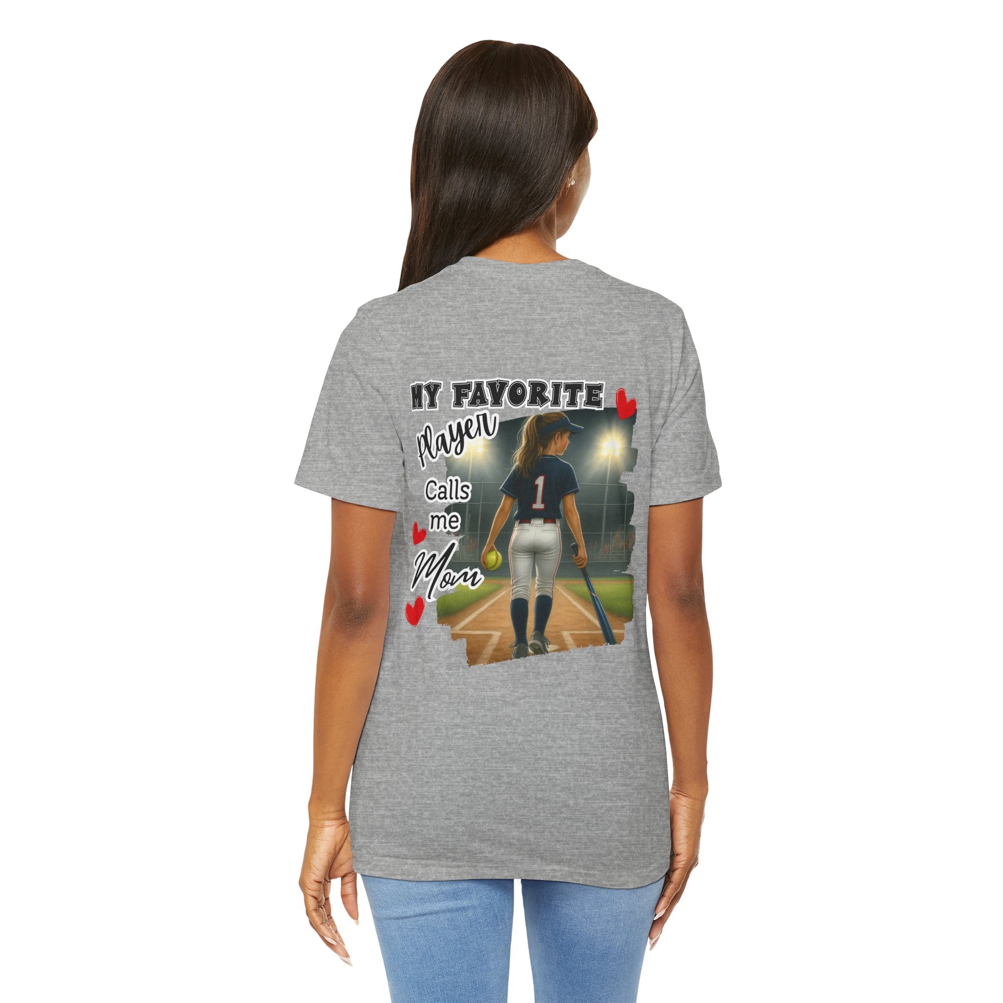 My Favorite Player Calls Me Mom Softball T-Shirt | Proud Softball Mom Tee | Game Day Shirt | Sports Mom Gift with Pocket Design