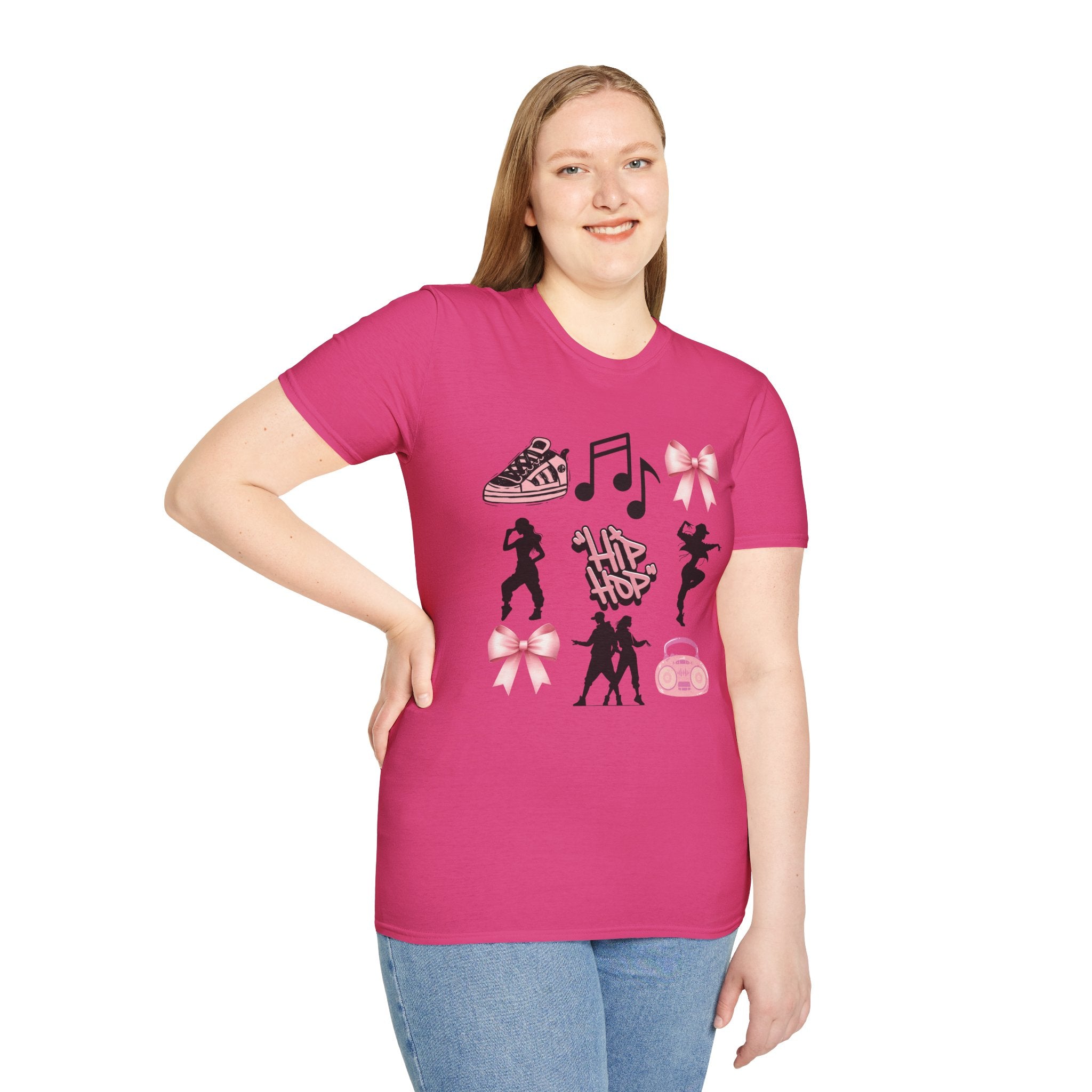 Hip Hop Dance Icons T‑Shirt — Pink Bows, Boombox & Sneaker Graphic