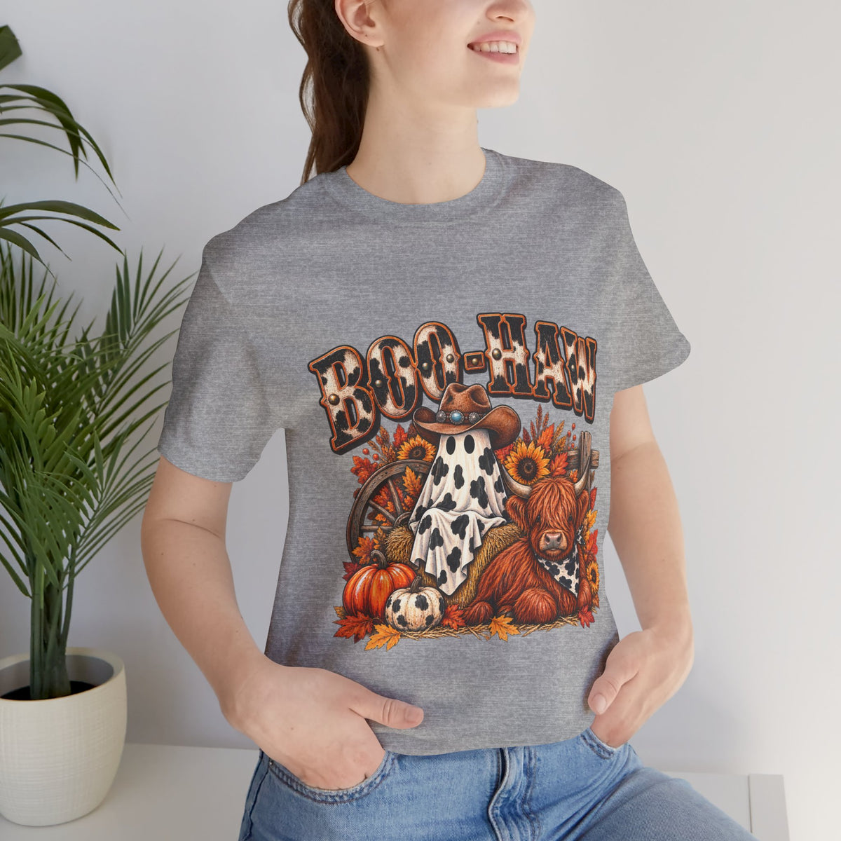 Boo-Haw Halloween T-Shirt  Western Ghost Cowgirl Tee, Fall Pumpkin Patch Shirt, Funny Country Halloween Graphic Tee