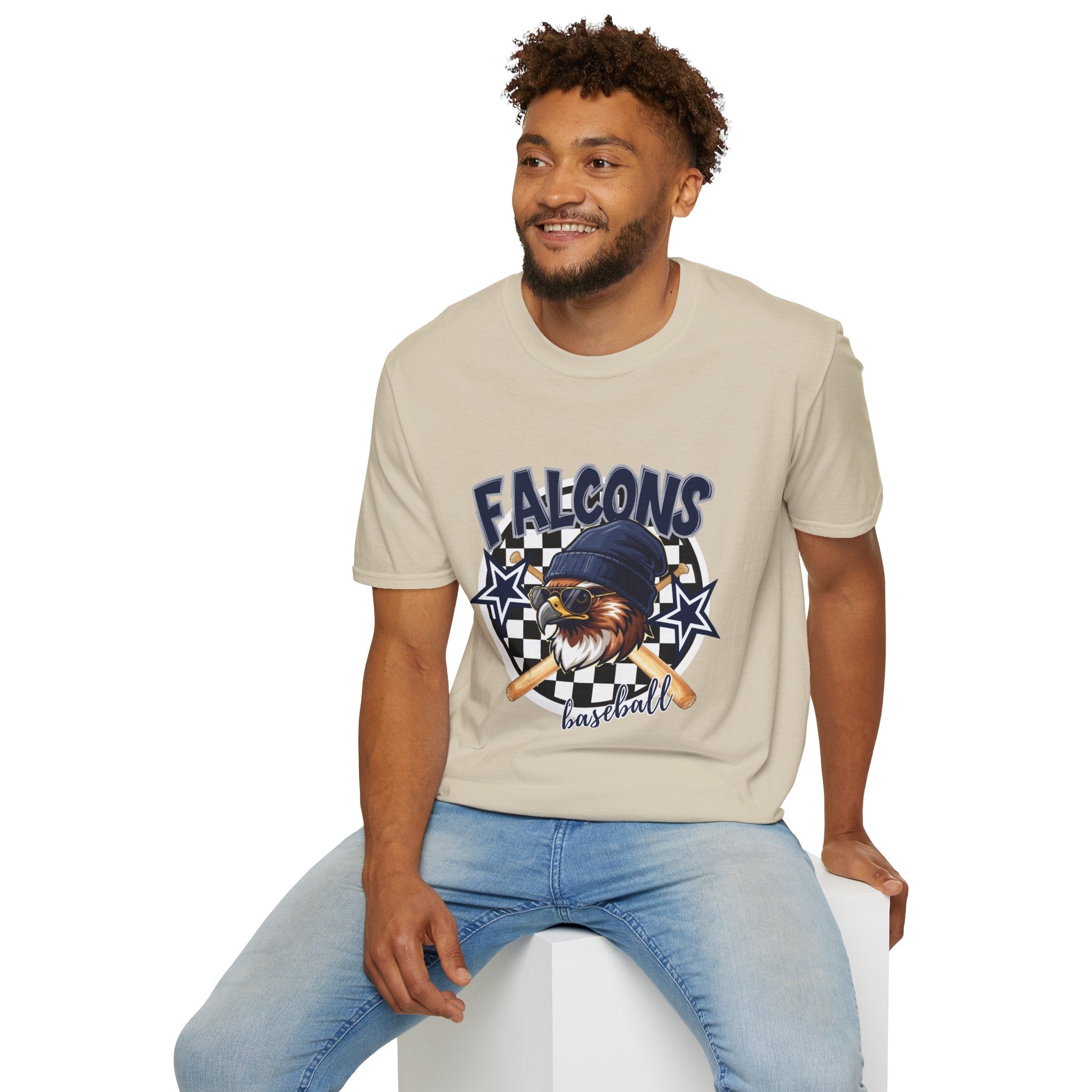 Falcons Eagle Baseball T-Shirt | Checkerboard Stars, Bat Helmet Sports Design