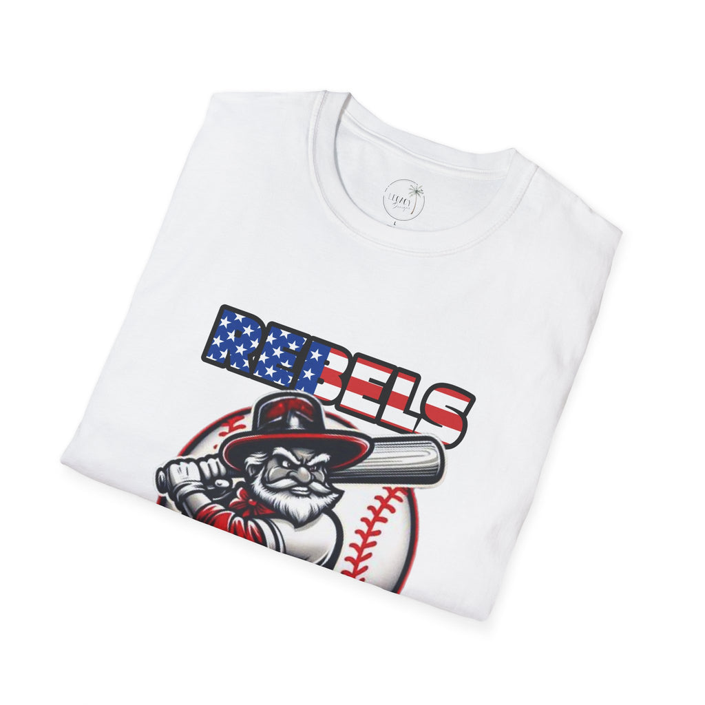 Rebels Baseball T-Shirt | Mascot Batter with American Flag Text