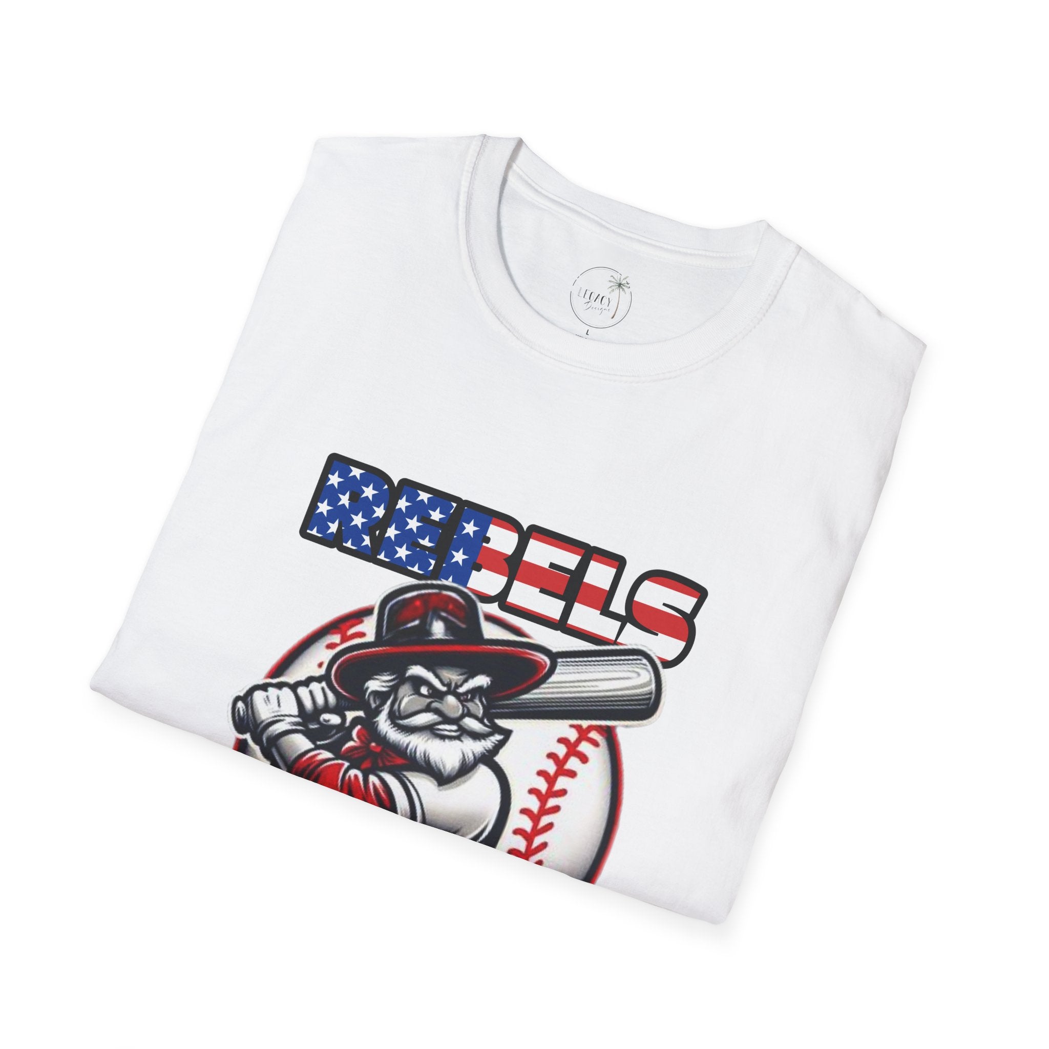 Rebels Baseball T-Shirt | Mascot Batter with American Flag Text