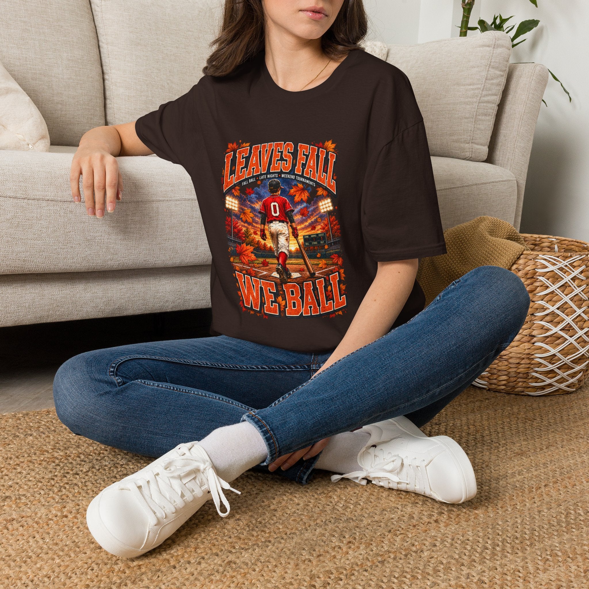 Leaves Fall Baseball Player T-Shirt | Autumn Sports Graphic