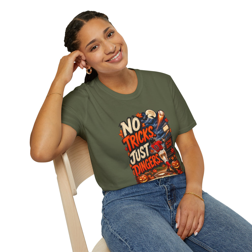 No Tricks Just Dingers T-Shirt | Halloween Baseball Pumpkin Moon Retro