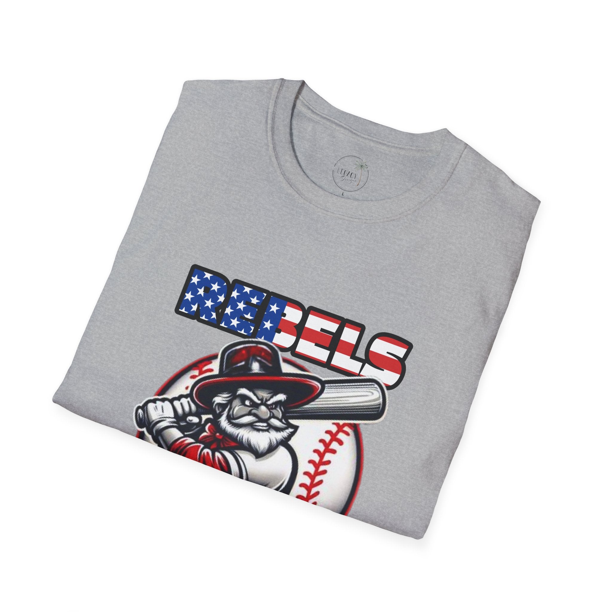 Rebels Baseball T-Shirt | Mascot Batter with American Flag Text