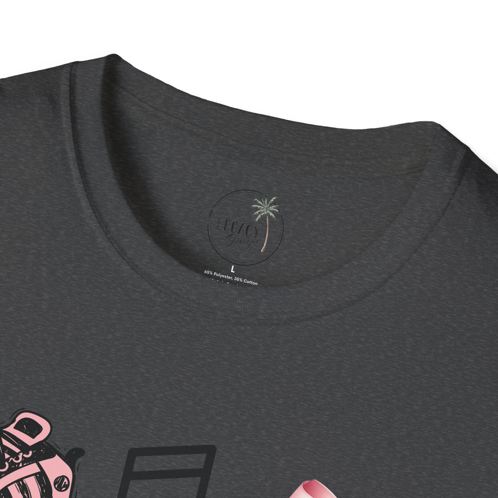 Hip Hop Dance Icons T‑Shirt — Pink Bows, Boombox & Sneaker Graphic
