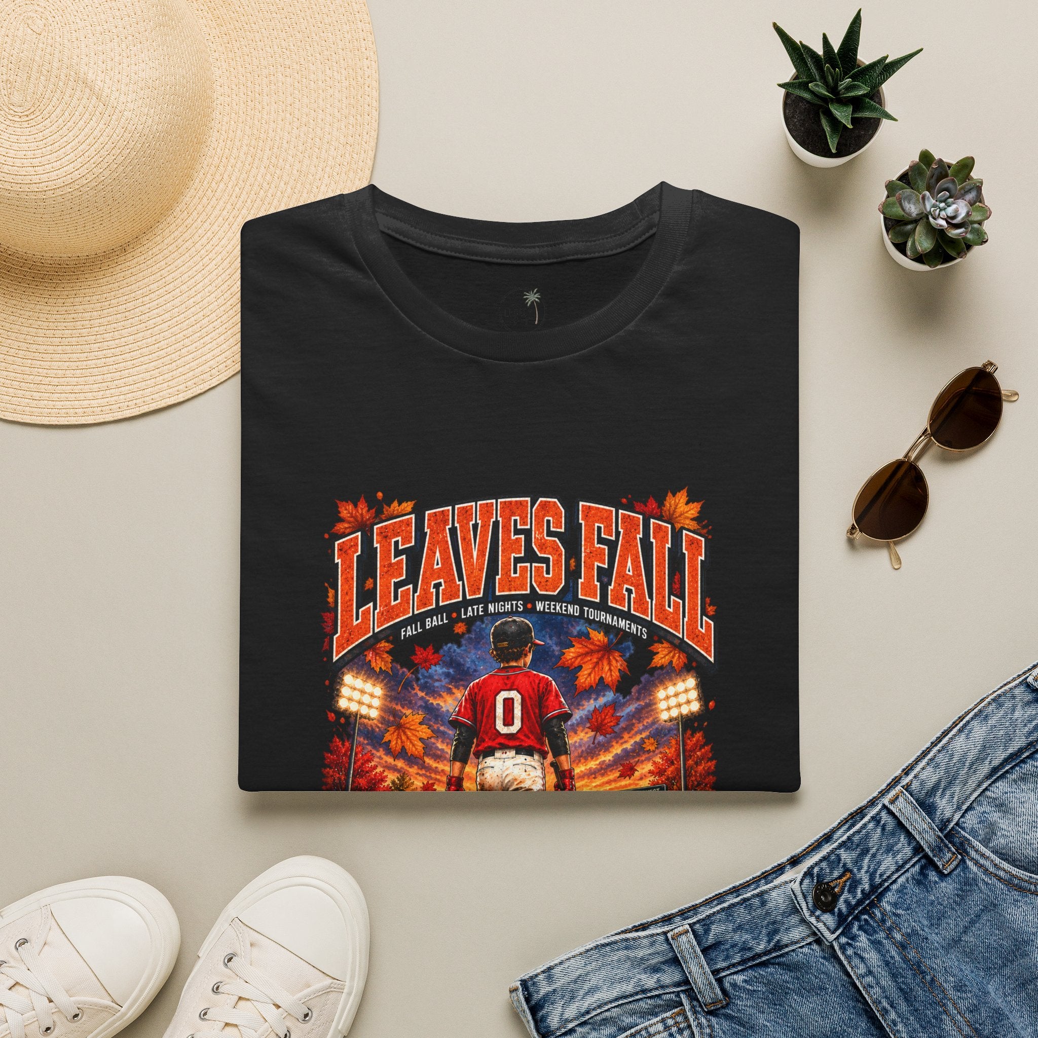 Leaves Fall Baseball Player T-Shirt | Autumn Sports Graphic