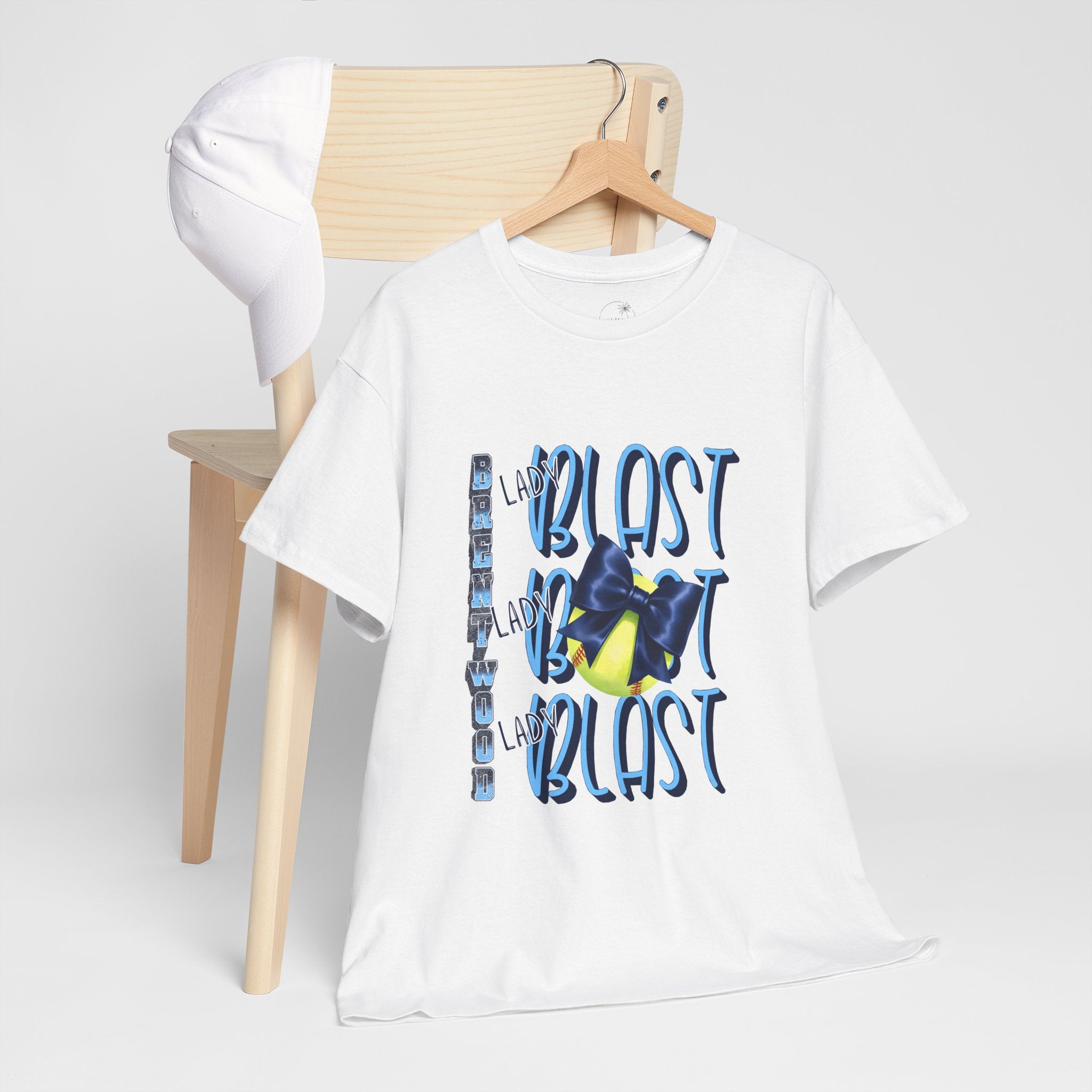 Brentwood Blast Softball Graphic Tee | Retro Camera Illustration, Blue Yellow Typography