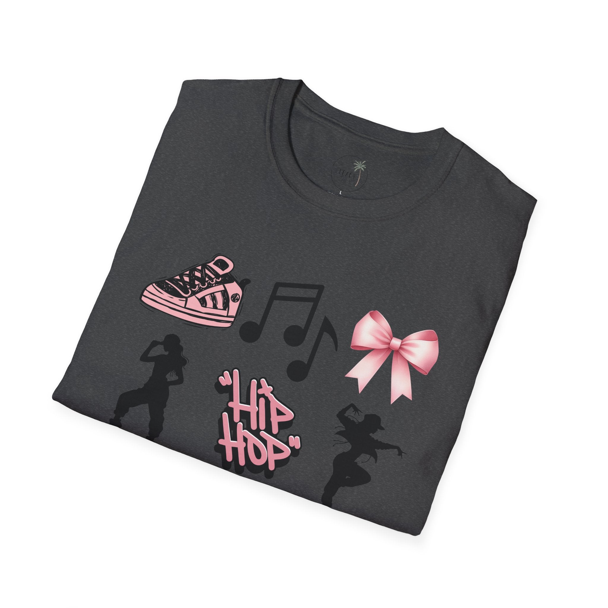 Hip Hop Dance Icons T‑Shirt — Pink Bows, Boombox & Sneaker Graphic