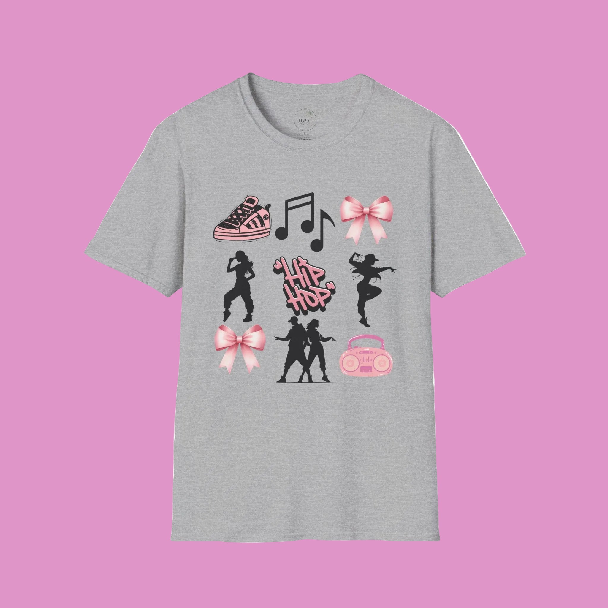 Hip Hop Dance Icons T‑Shirt — Pink Bows, Boombox & Sneaker Graphic