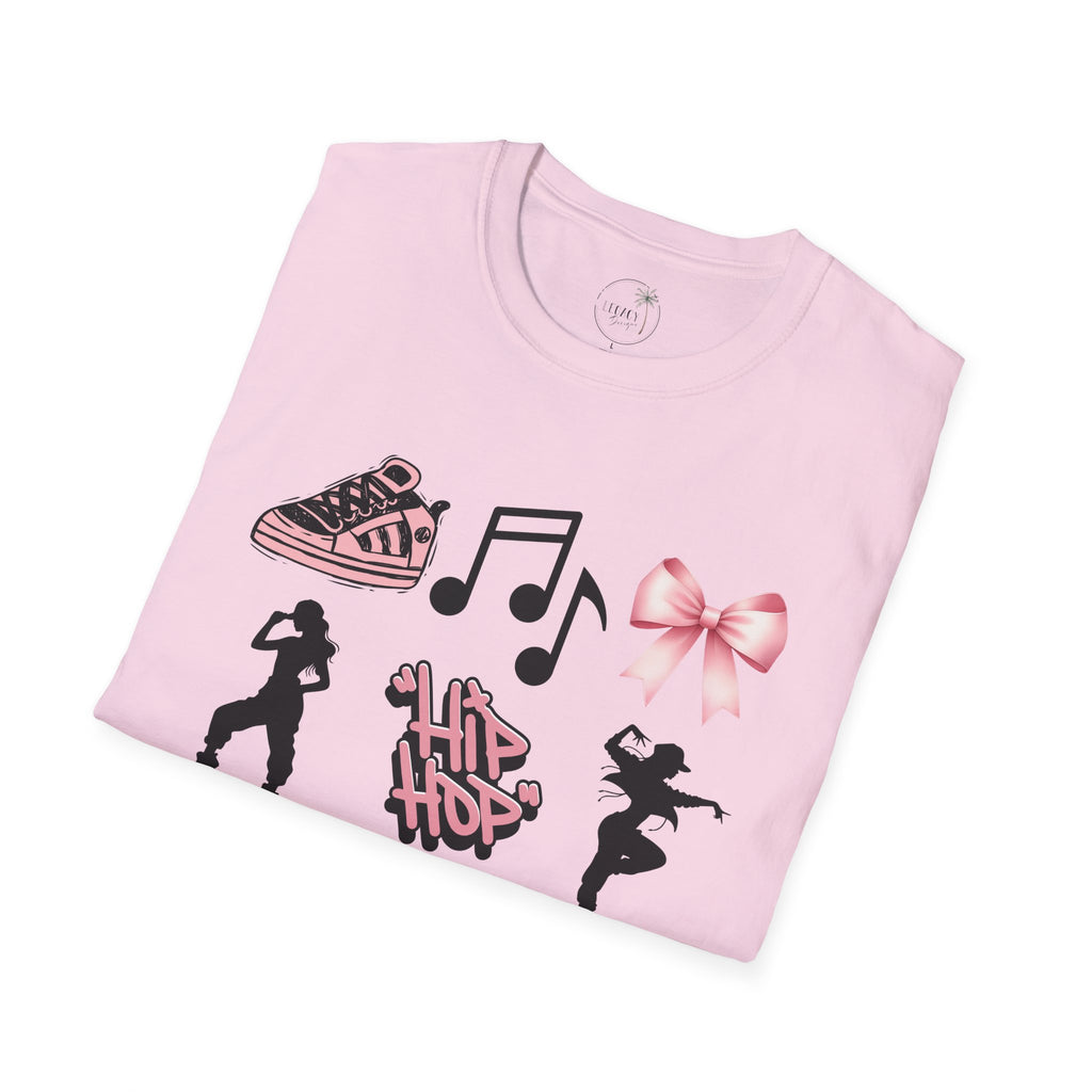 Hip Hop Dance Icons T‑Shirt — Pink Bows, Boombox & Sneaker Graphic
