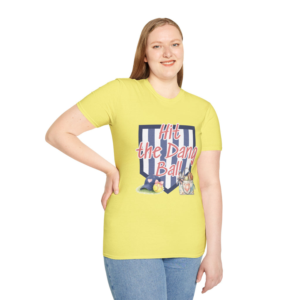 Preppy Hit the Dang Ball T-Shirt | Girly Baseball Graphic, Glove and Helmet Illustration