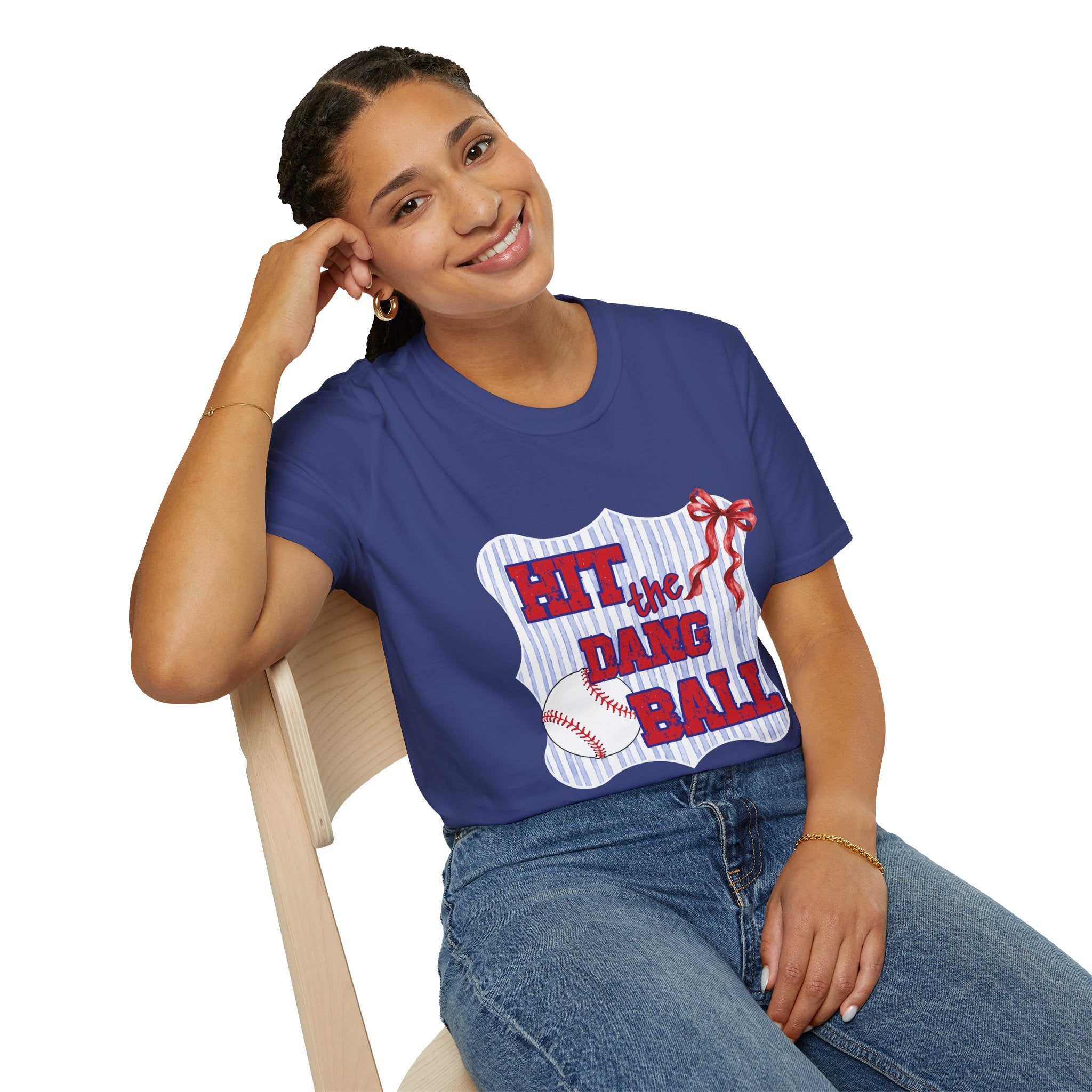 Preppy Hit the Dang Ball T-Shirt | Girly Baseball Graphic, Red White Blue Stripes