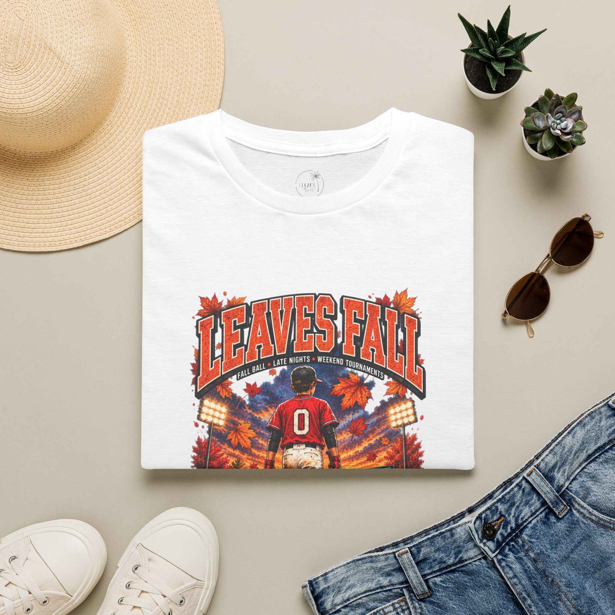 Leaves Fall Baseball Player T-Shirt | Autumn Sports Graphic